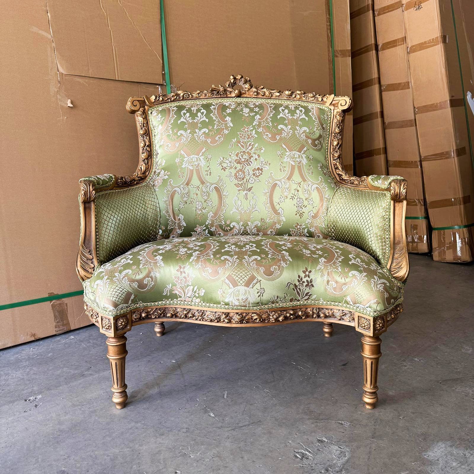 Italian Style Wingback Chair – Military Green Damask Fabric, Gold Accents