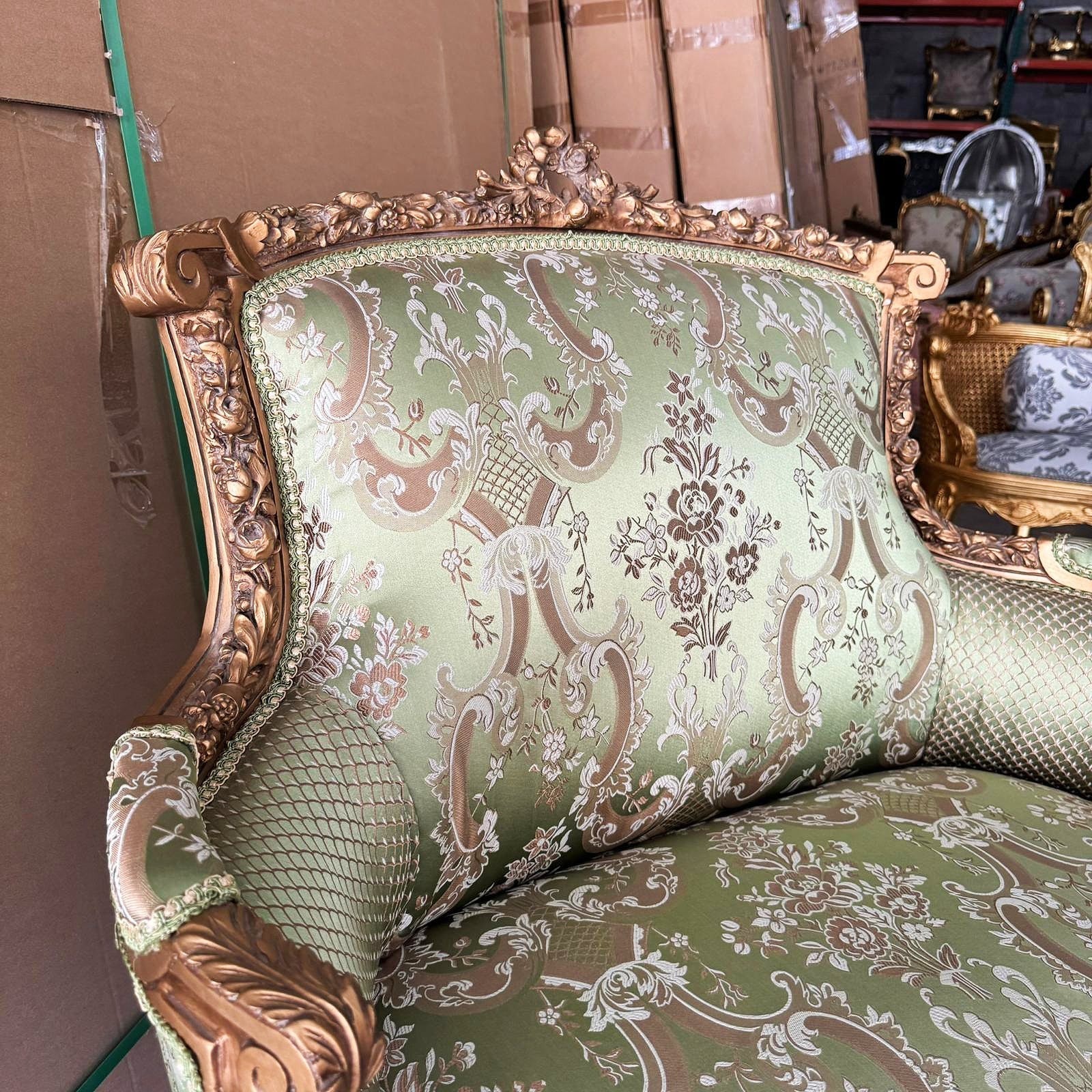 Italian Style Wingback Chair – Military Green Damask Fabric, Gold Accents