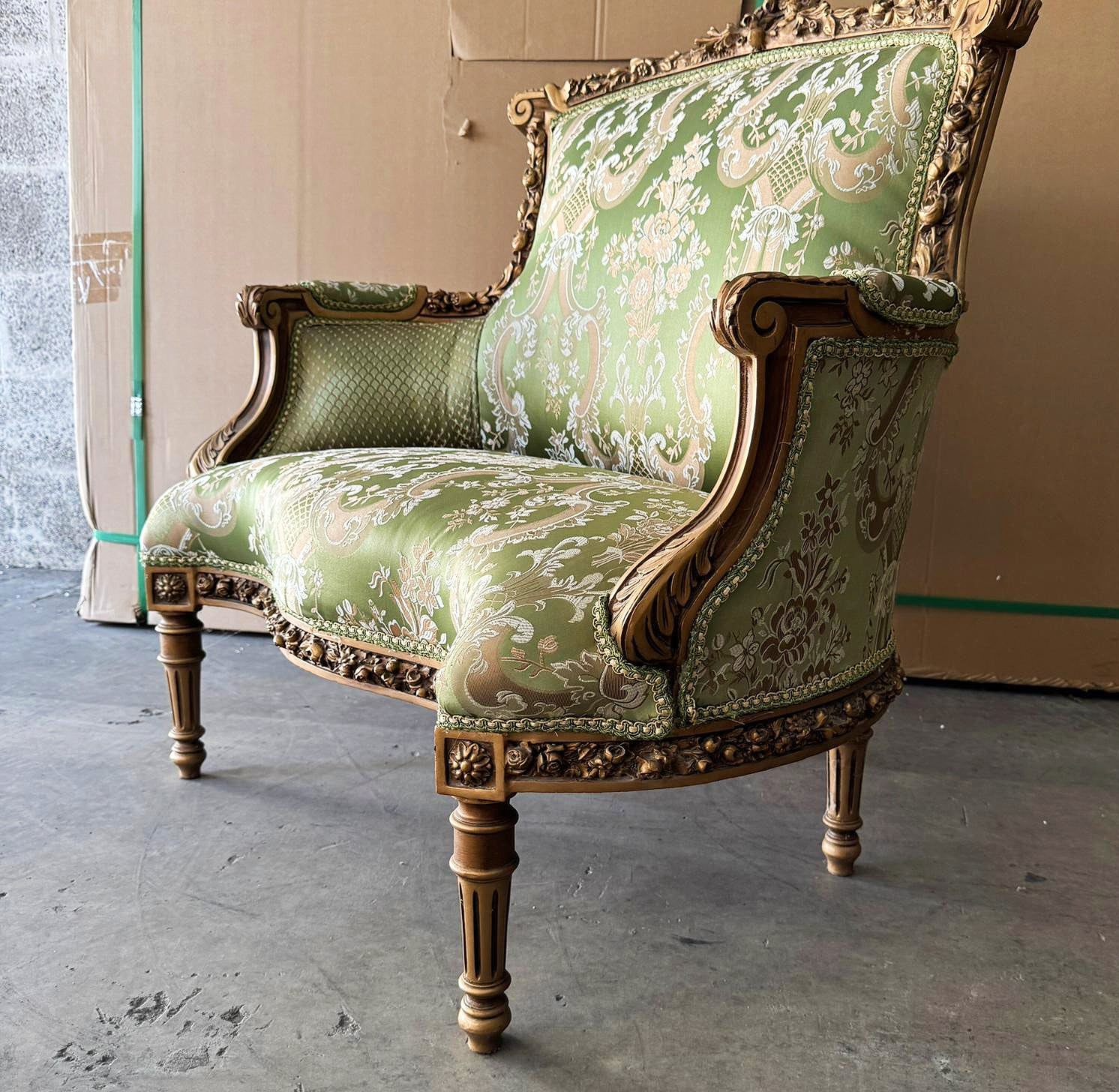 Italian Style Wingback Chair – Military Green Damask Fabric, Gold Accents