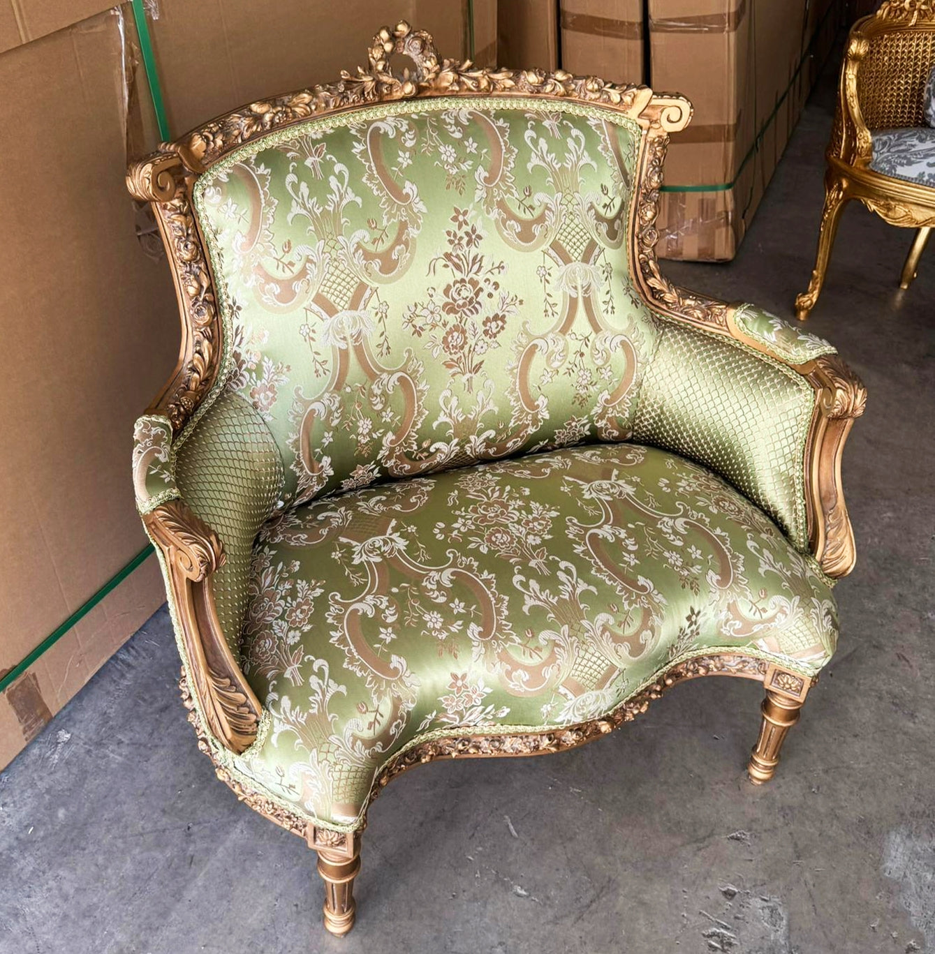 Italian Style Wingback Chair – Military Green Damask Fabric, Gold Accents