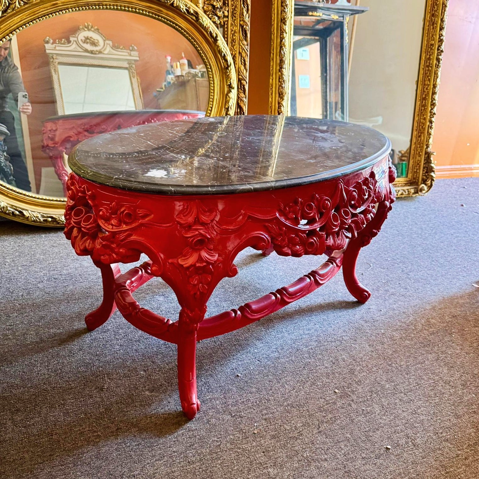 French Style Coffee Table Black Marble Topped Red Table