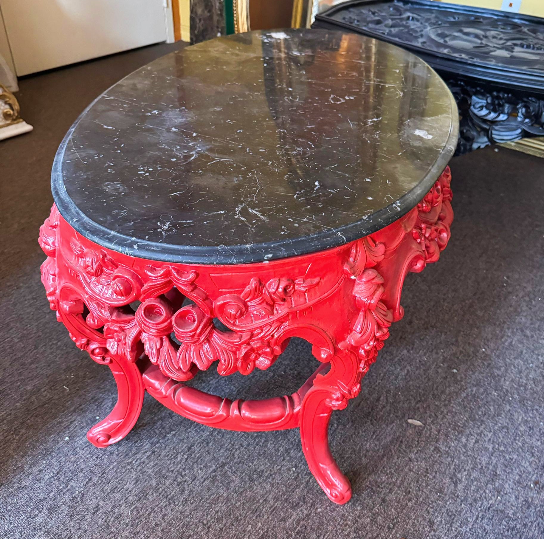 French Style Coffee Table Black Marble Topped Red Table