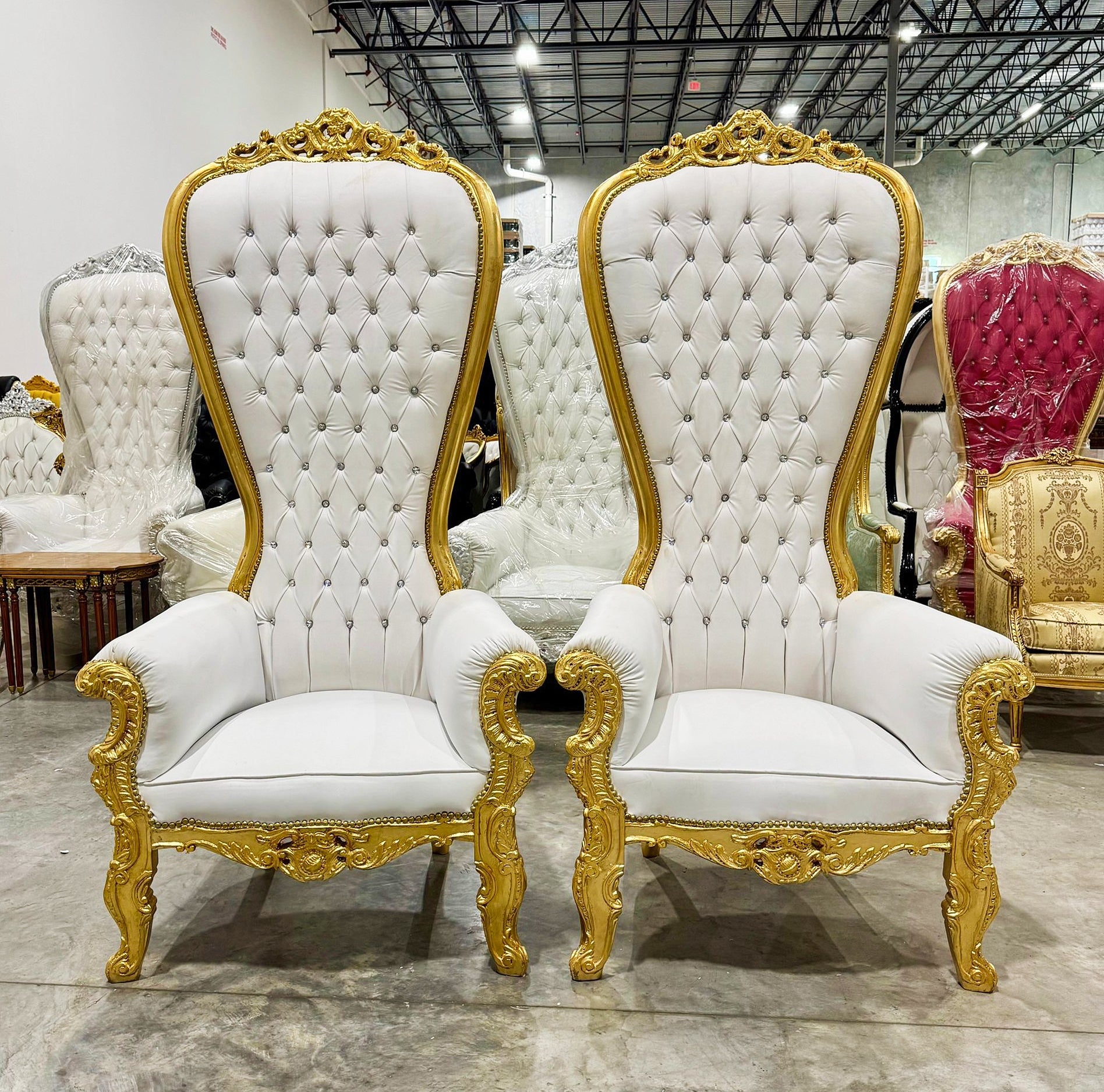 Throne Chair French Style White Leather High-Back Tufted Golden Throne