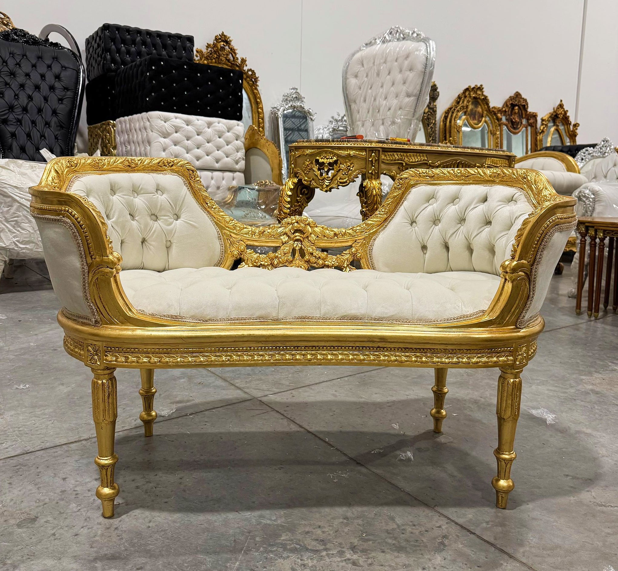 Tufted Bench White Velvet French Style Gold Details Rococo Baroque Furniture