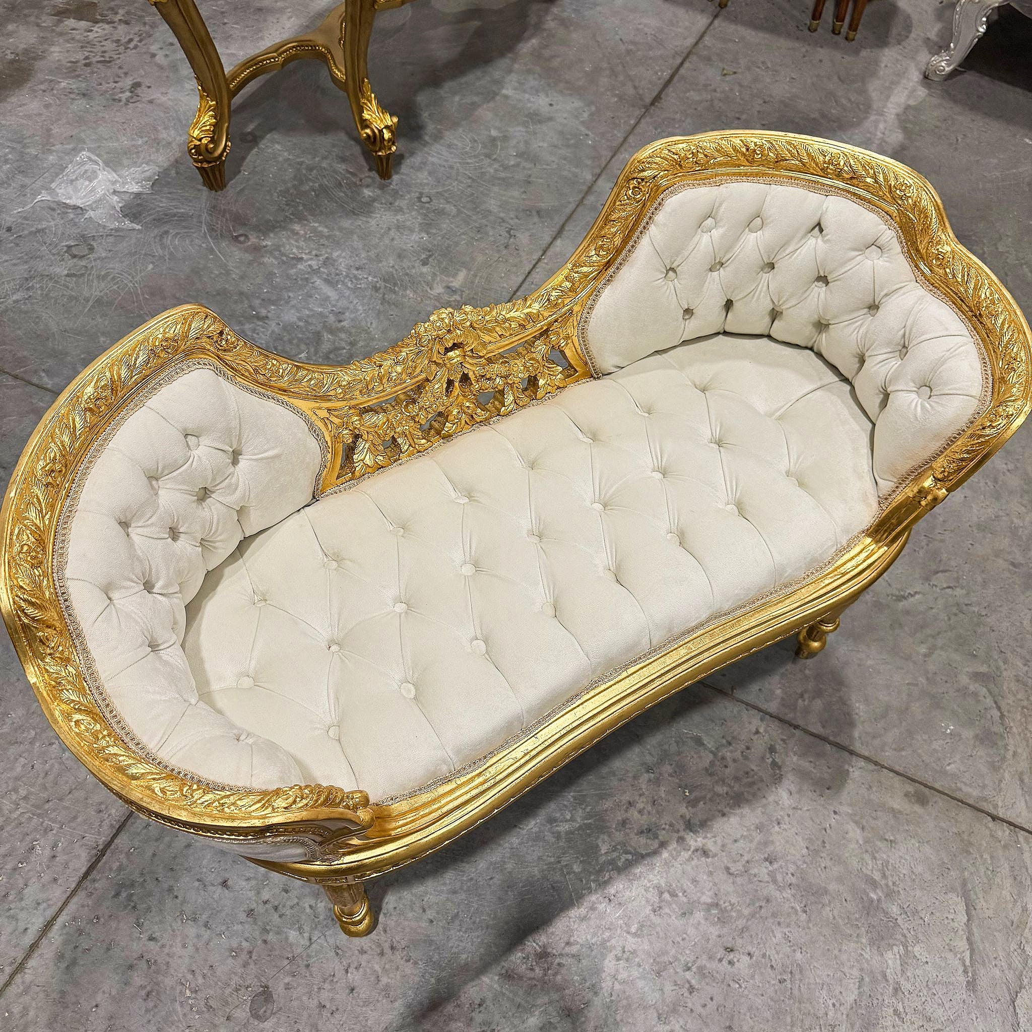 Tufted Bench White Velvet French Style Gold Details Rococo Baroque Furniture