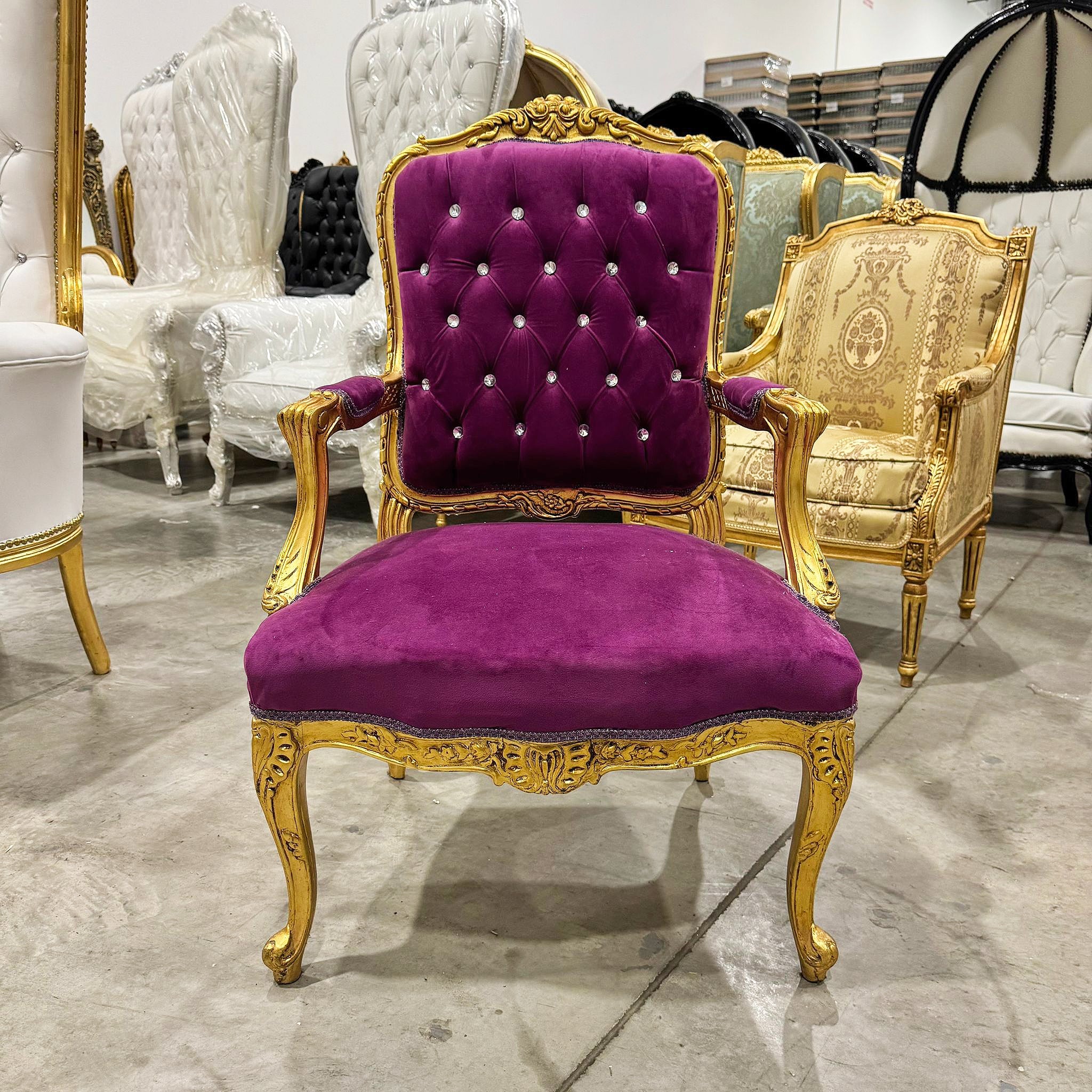 French Style Tufted Purple Velvet Chair with Gold Details Rococo Baroque