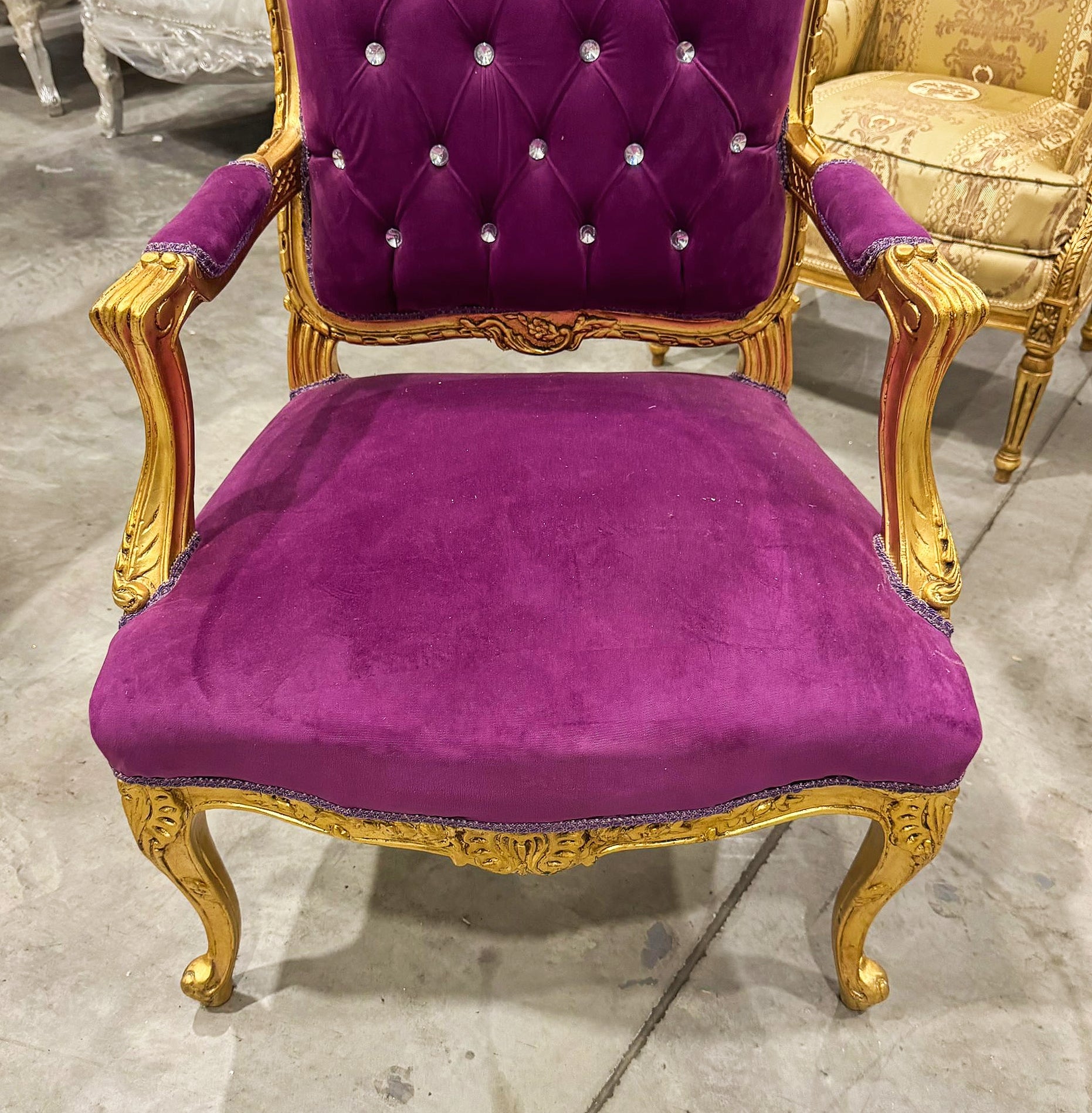 French Style Tufted Purple Velvet Chair with Gold Details Rococo Baroque