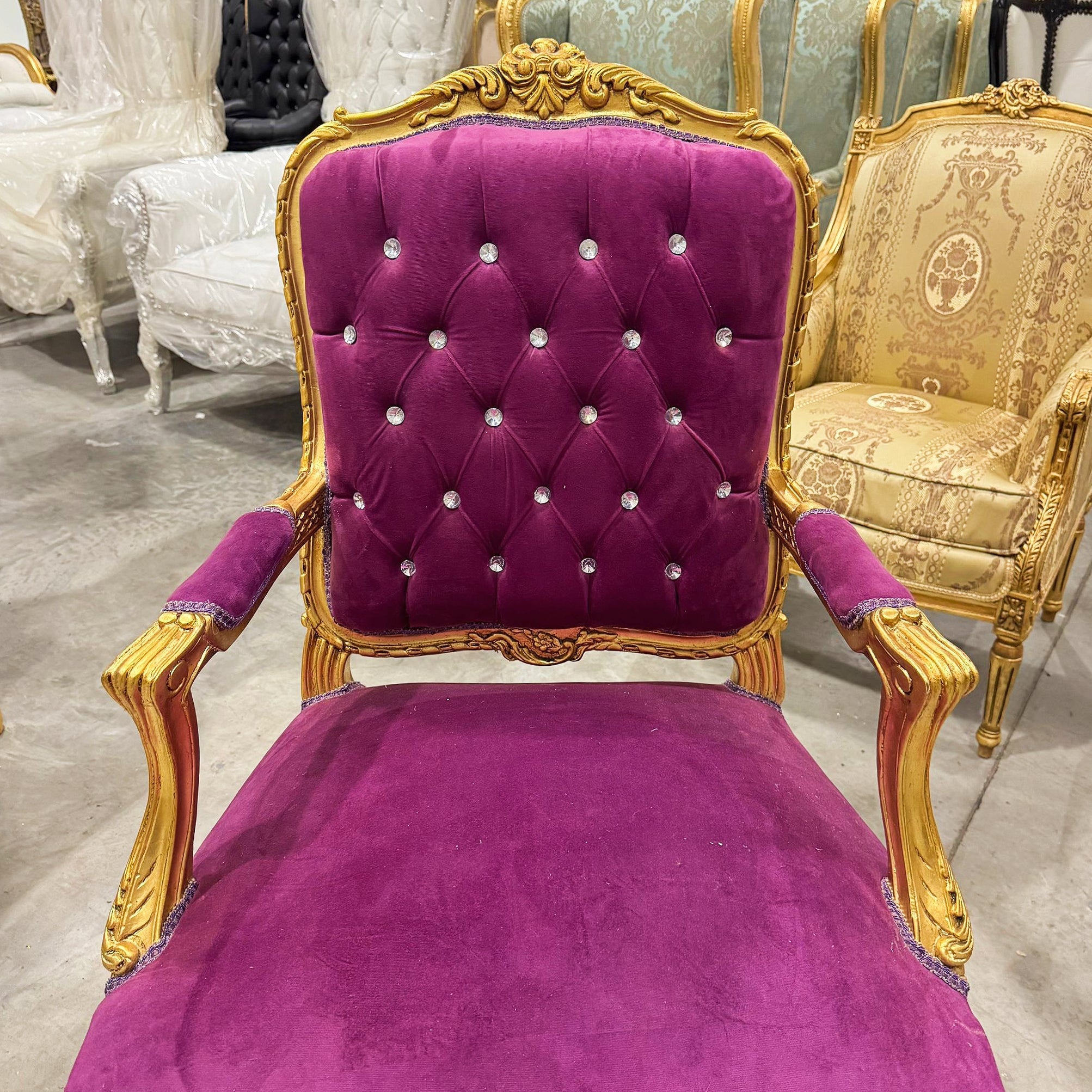 French Style Tufted Purple Velvet Chair with Gold Details Rococo Baroque