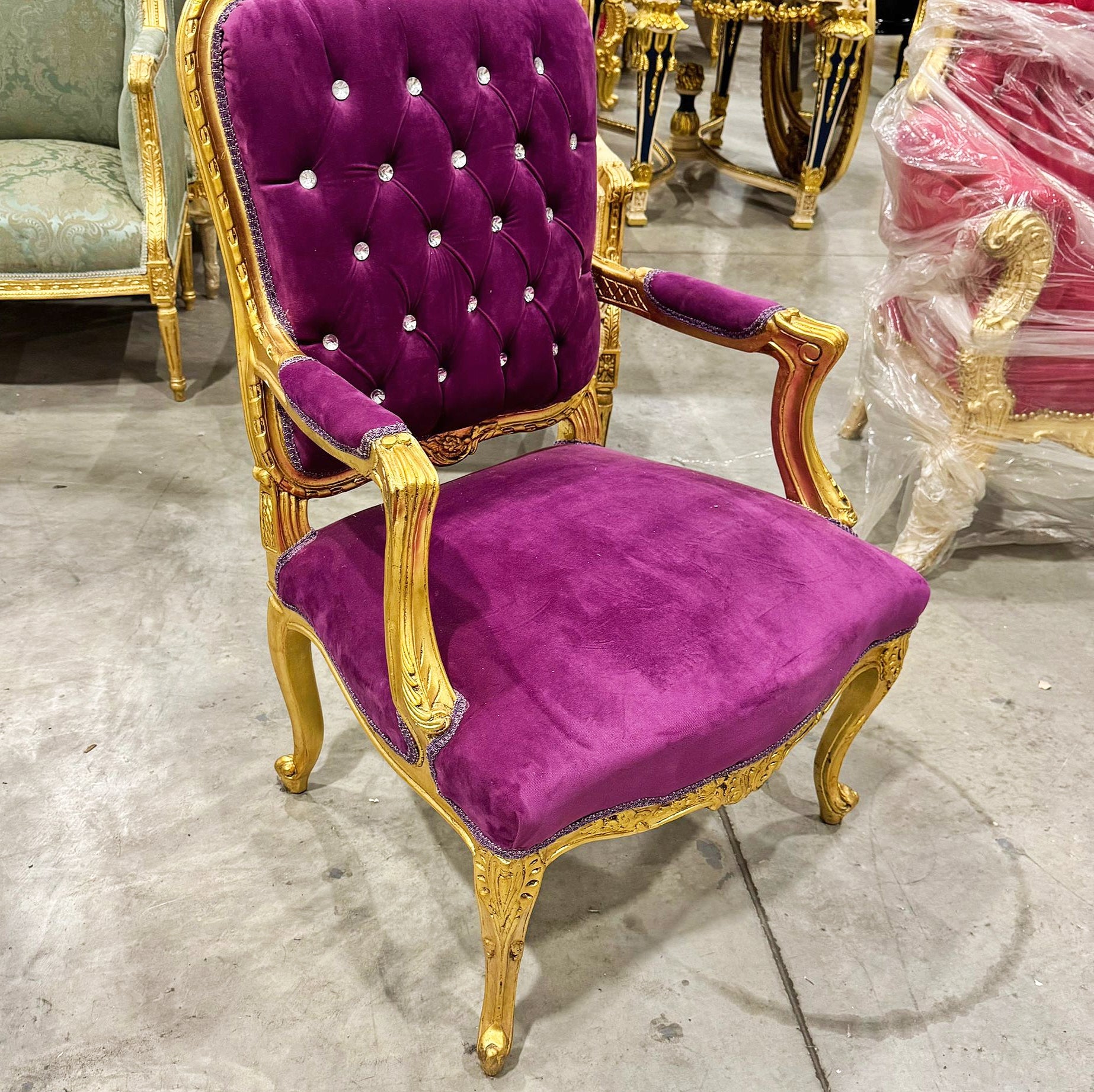 French Style Tufted Purple Velvet Chair with Gold Details Rococo Baroque