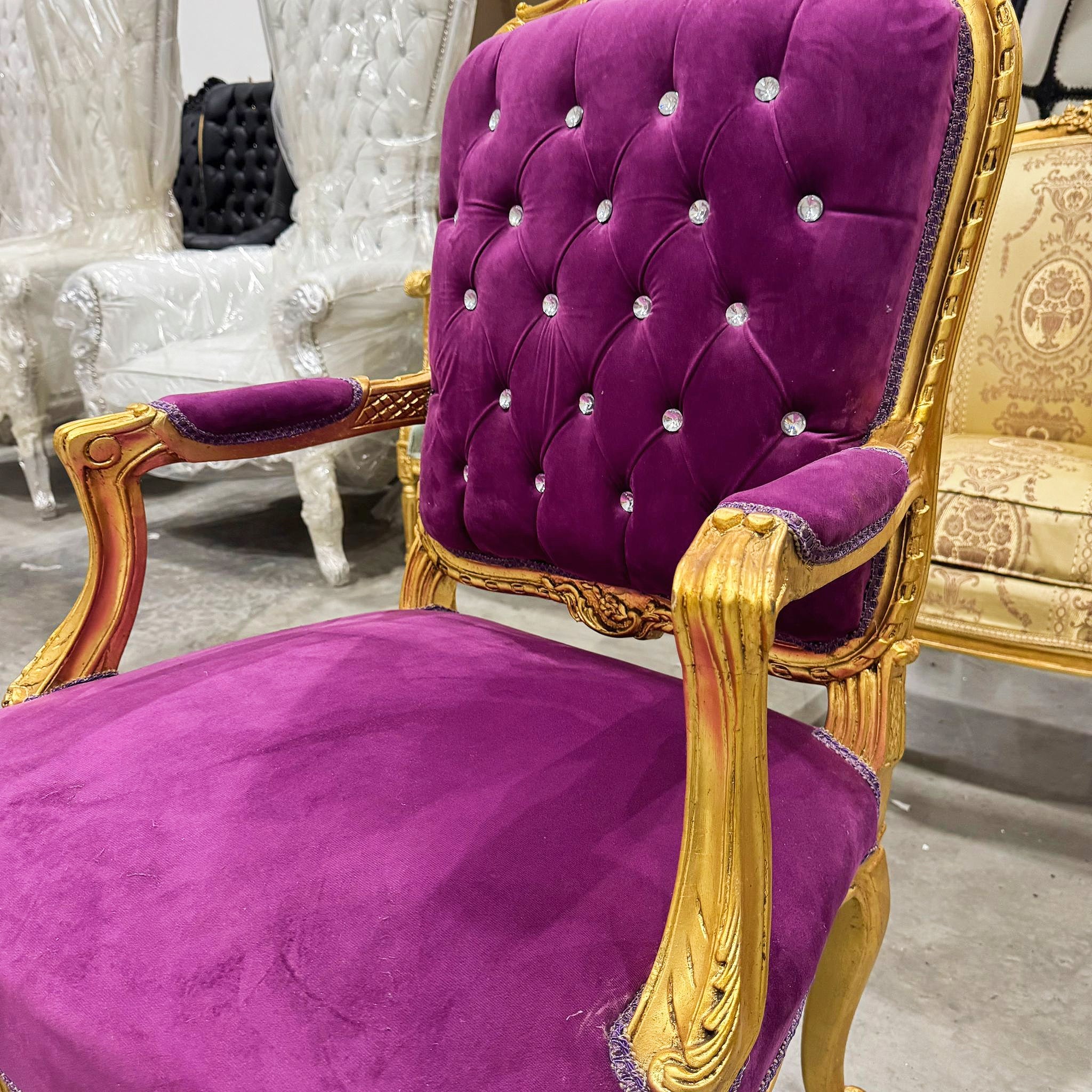 French Style Tufted Purple Velvet Chair with Gold Details Rococo Baroque