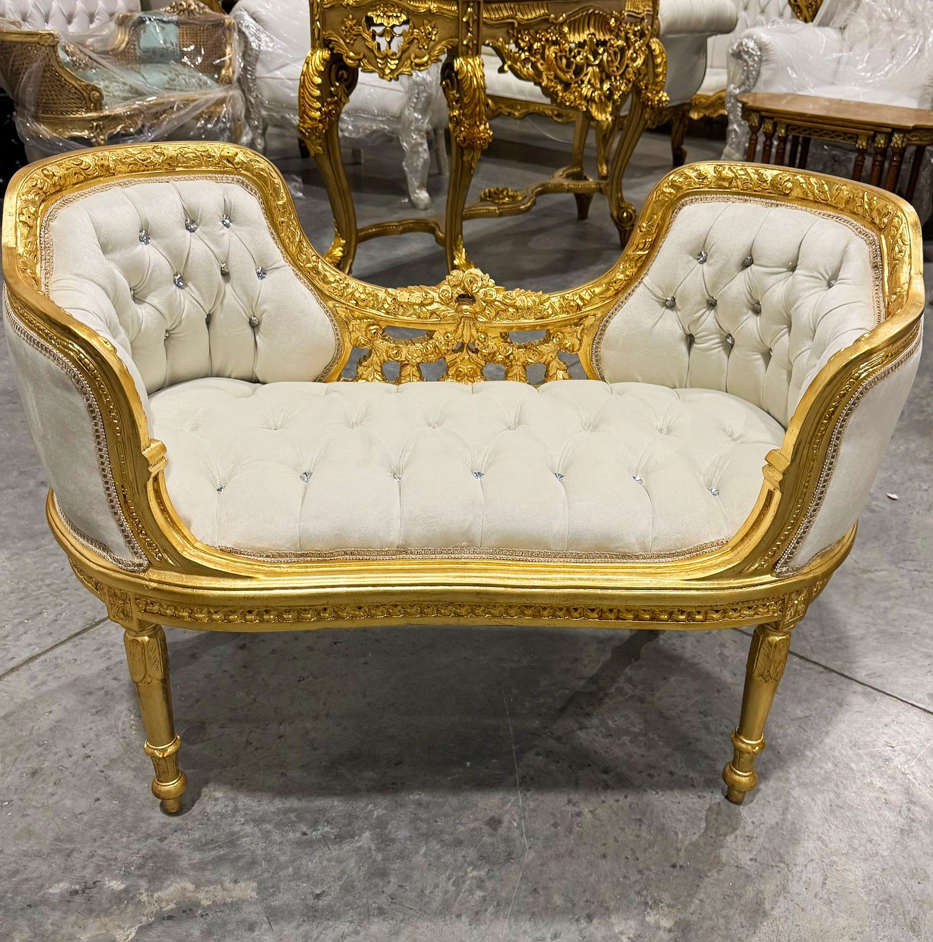 Tufted Bench White Velvet French Style Gold Details Rococo Baroque Furniture