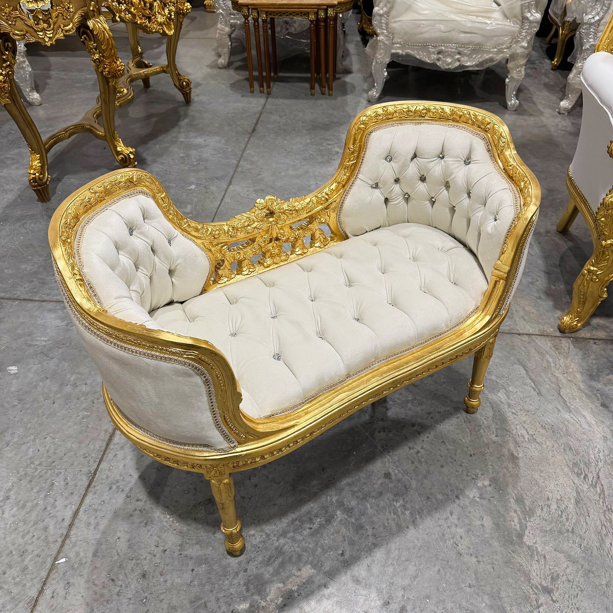 Tufted Bench White Velvet French Style Gold Details Rococo Baroque Furniture