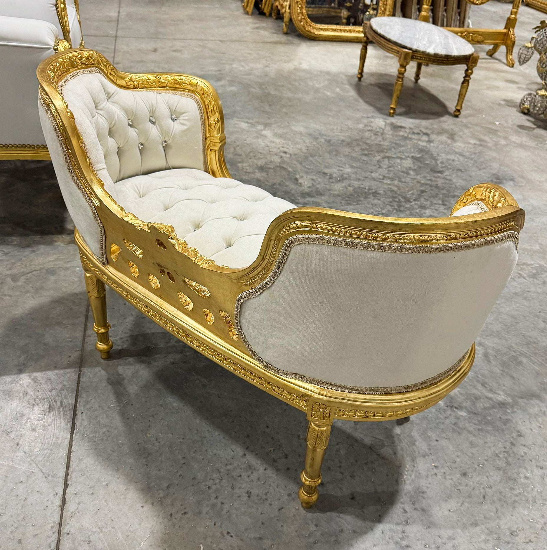 Tufted Bench White Velvet French Style Gold Details Rococo Baroque Furniture