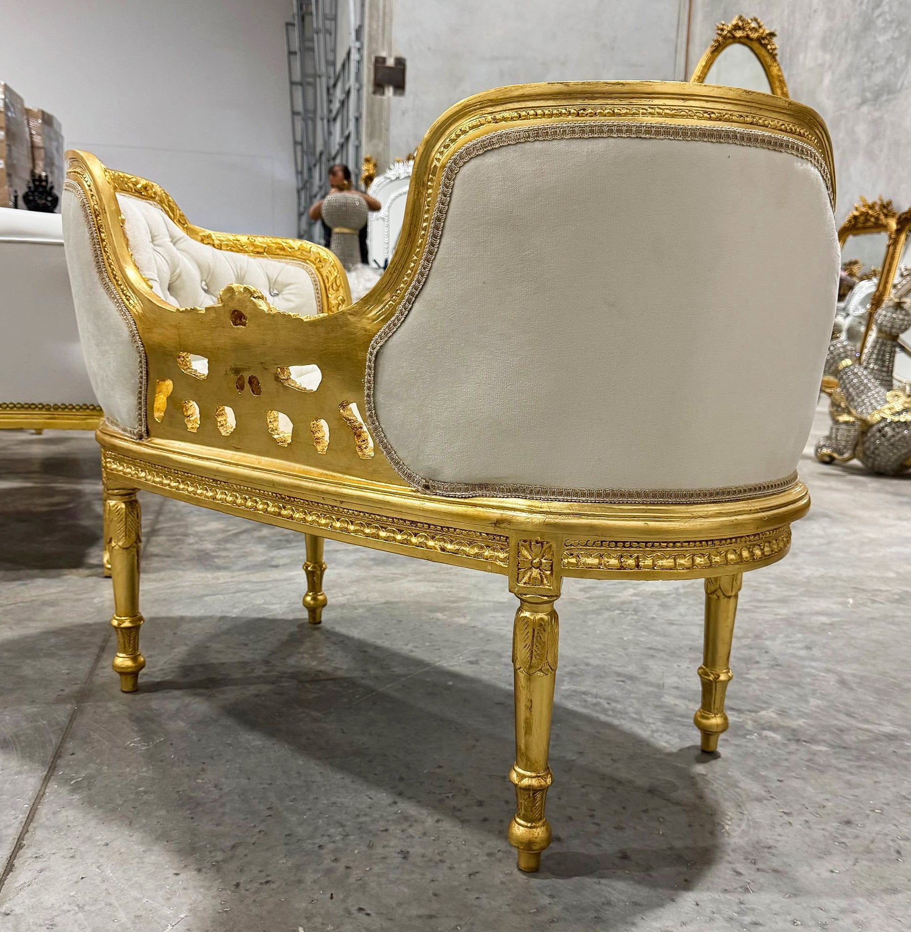 Tufted Bench White Velvet French Style Gold Details Rococo Baroque Furniture