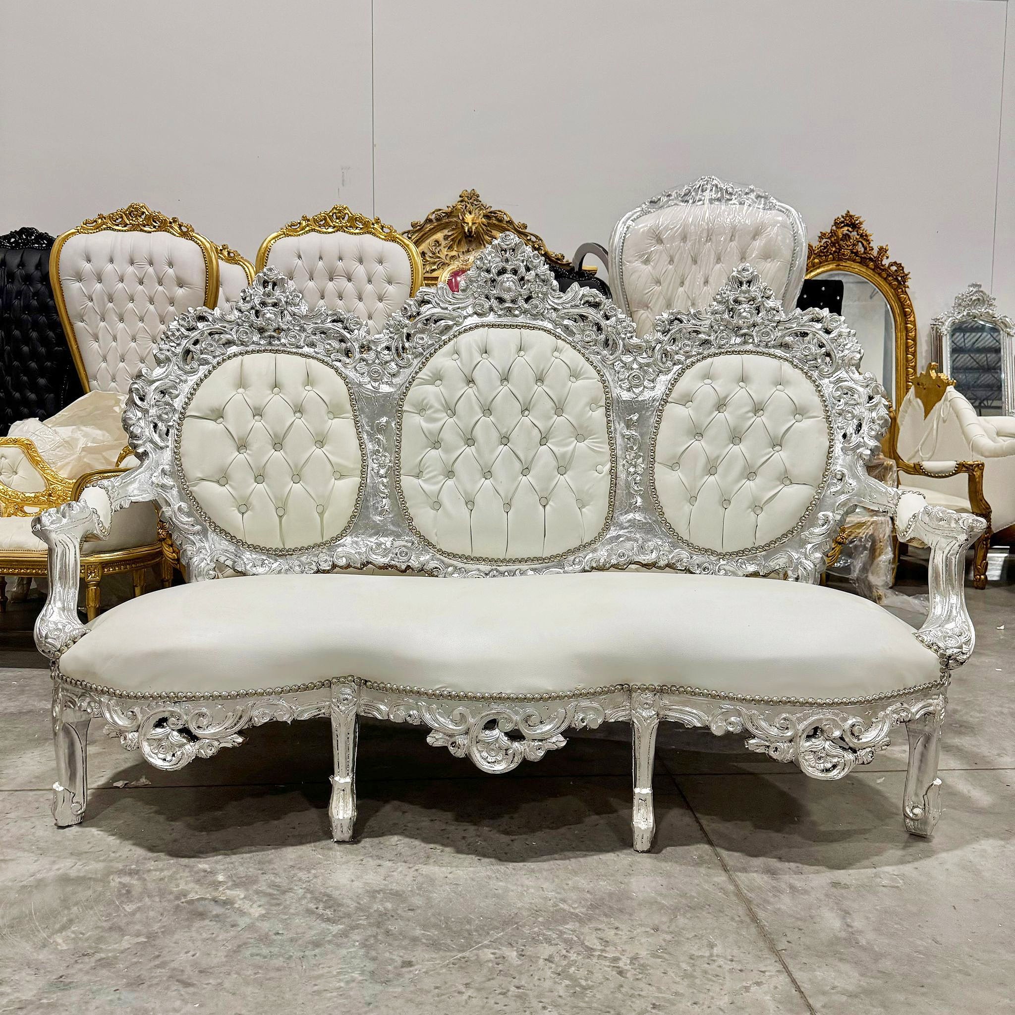 White Sofa French Rococo Style Silver Leaf Details Victorian Style