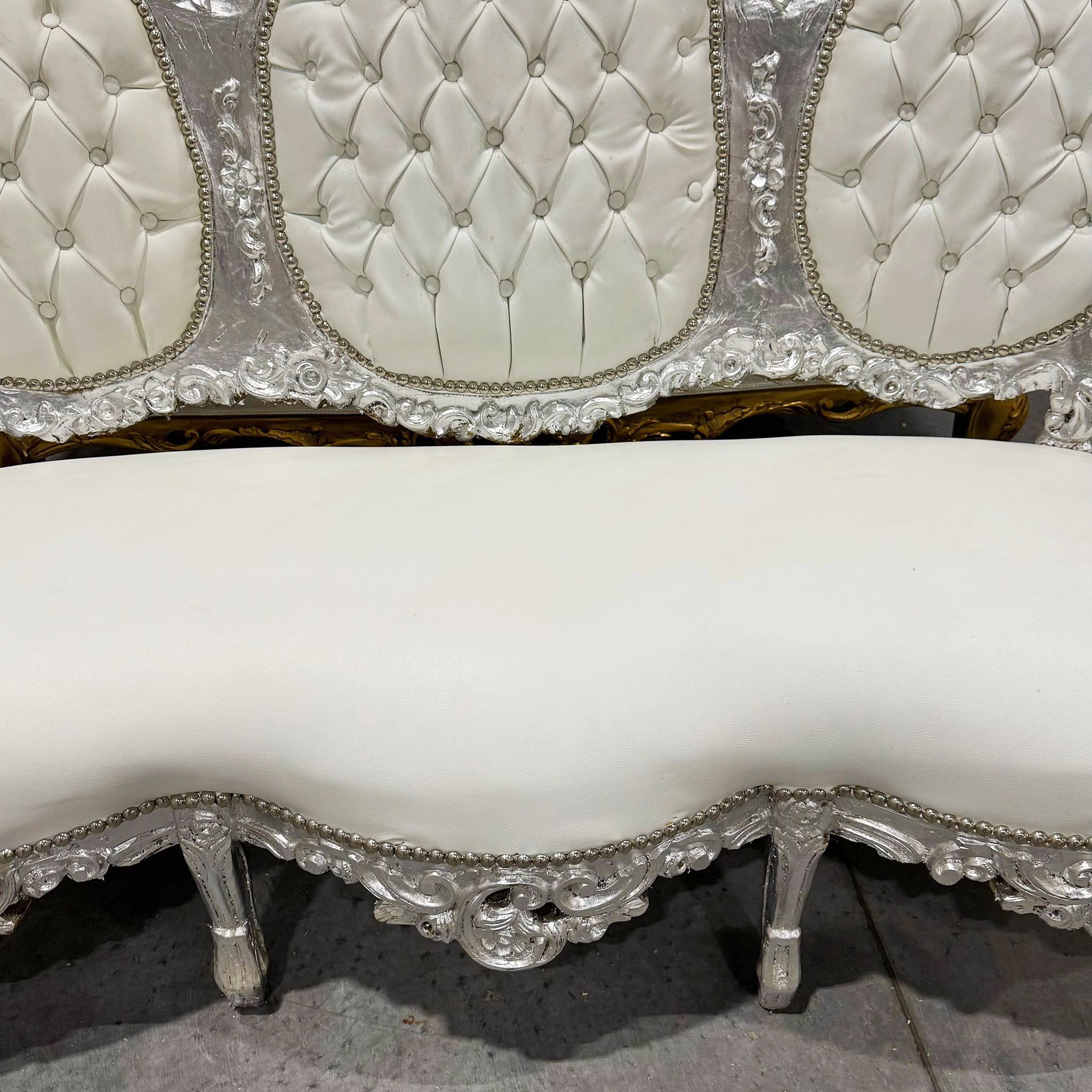 White Sofa French Rococo Style Silver Leaf Details Victorian Style