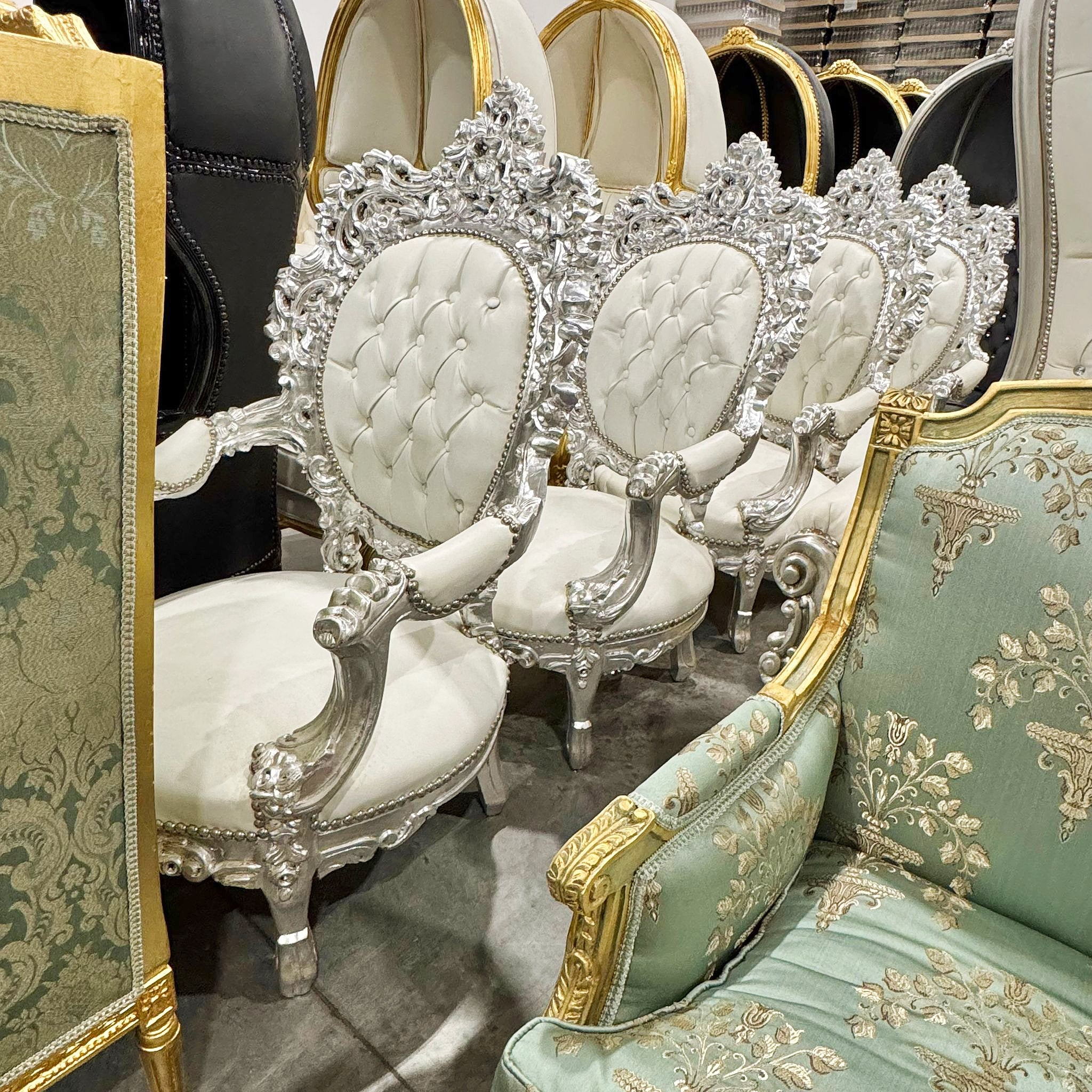 White Sofa French Rococo Style Silver Leaf Details Victorian Style
