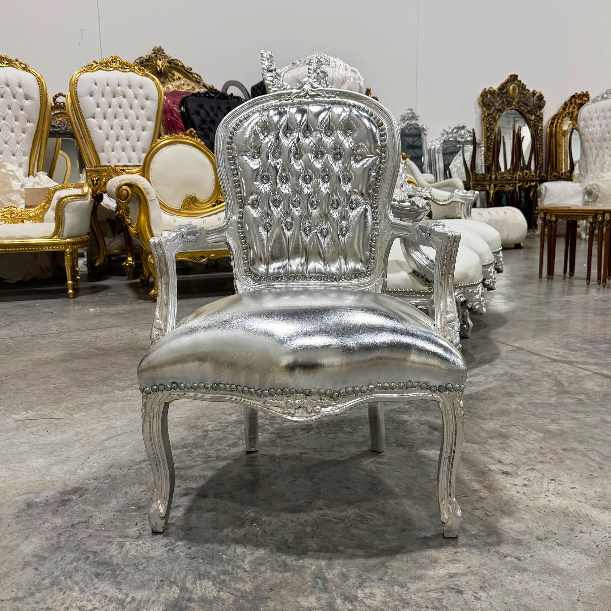 French Style Tufted Silver Leather Chair with Silver Details Rococo Baroque