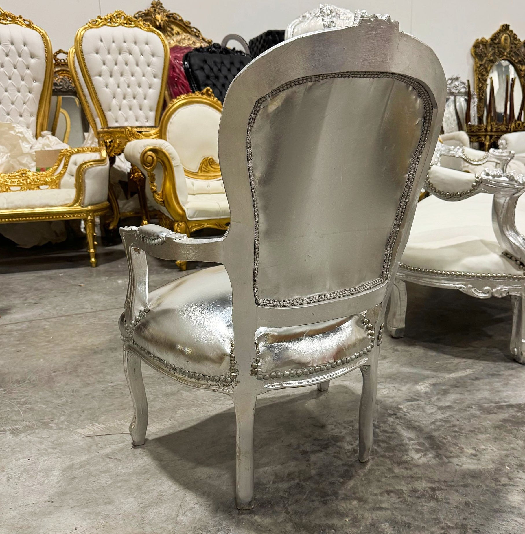 French Style Tufted Silver Leather Chair with Silver Details Rococo Baroque