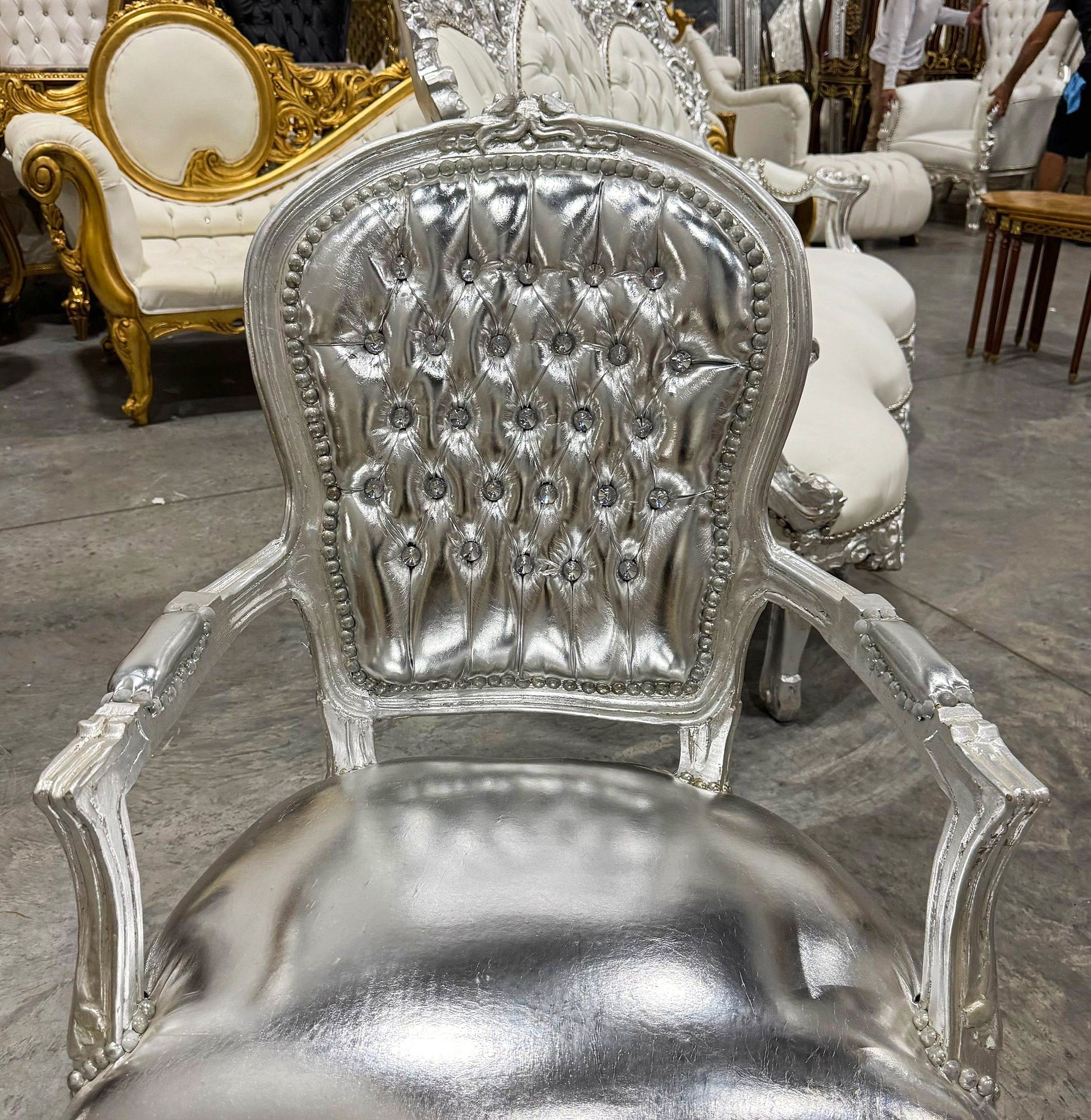 French Style Tufted Silver Leather Chair with Silver Details Rococo Baroque