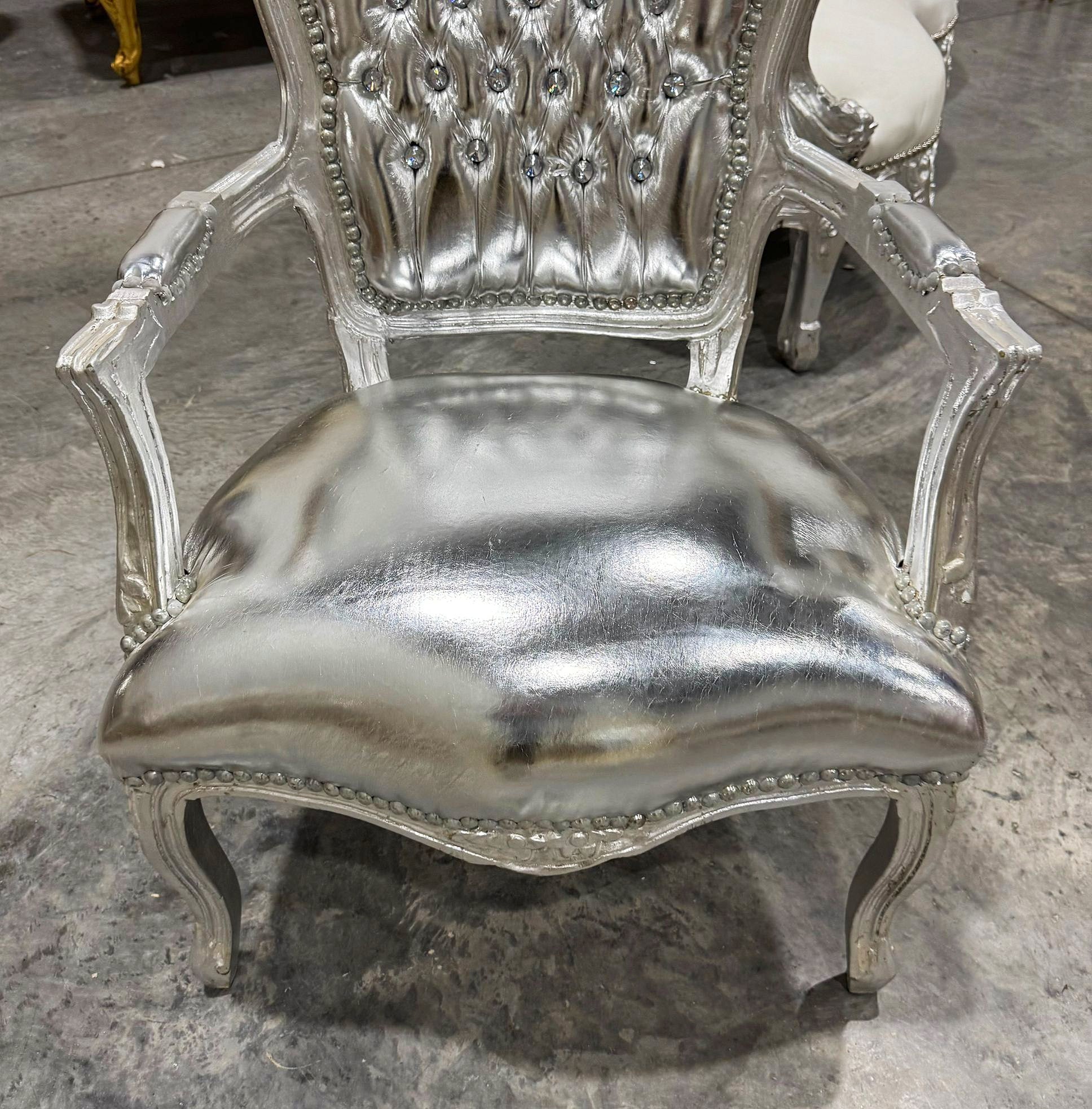French Style Tufted Silver Leather Chair with Silver Details Rococo Baroque