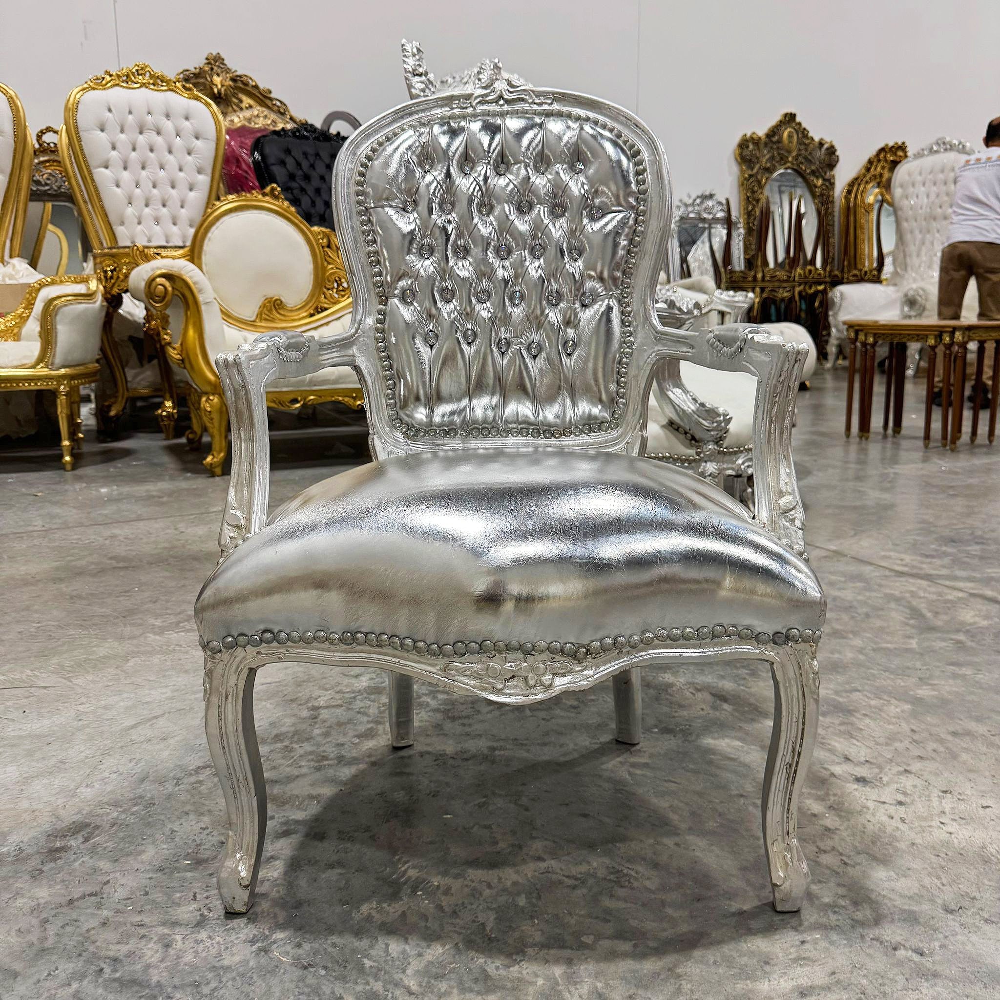 French Style Tufted Silver Leather Chair with Silver Details Rococo Baroque