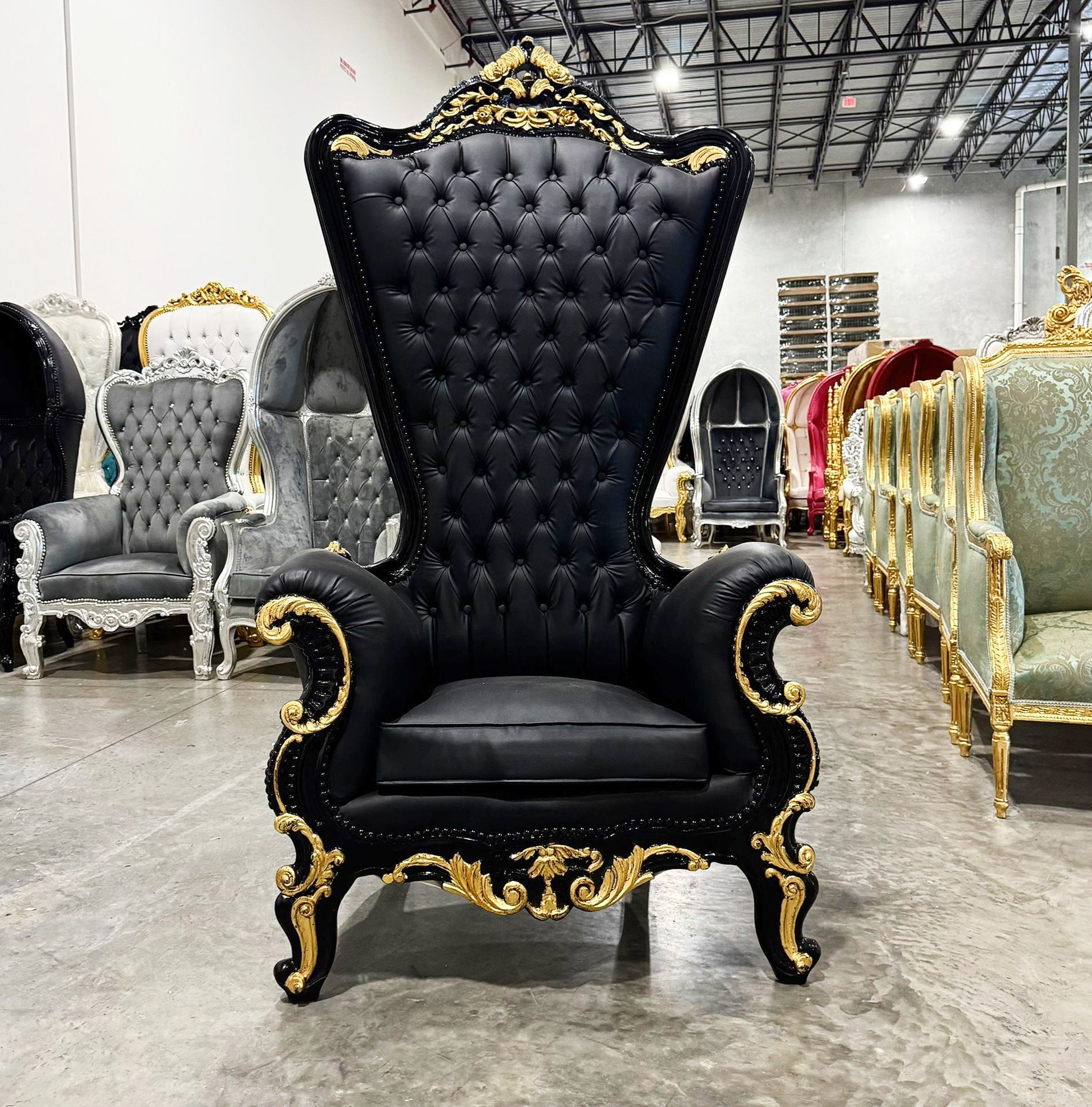 Throne Chair French Style Black Leather High-Back Tufted Gold Throne