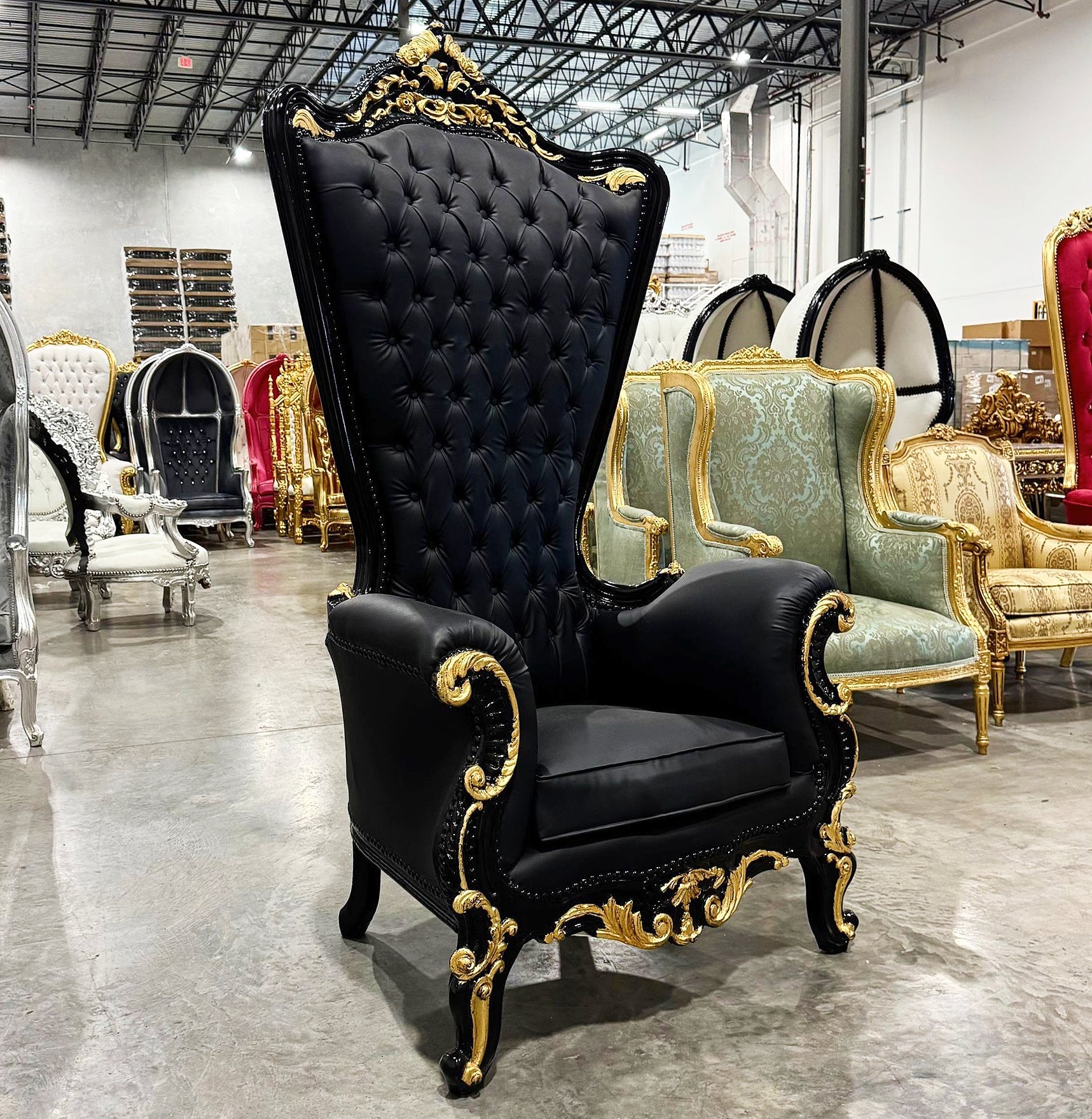 Throne Chair French Style Black Leather High-Back Tufted Gold Throne