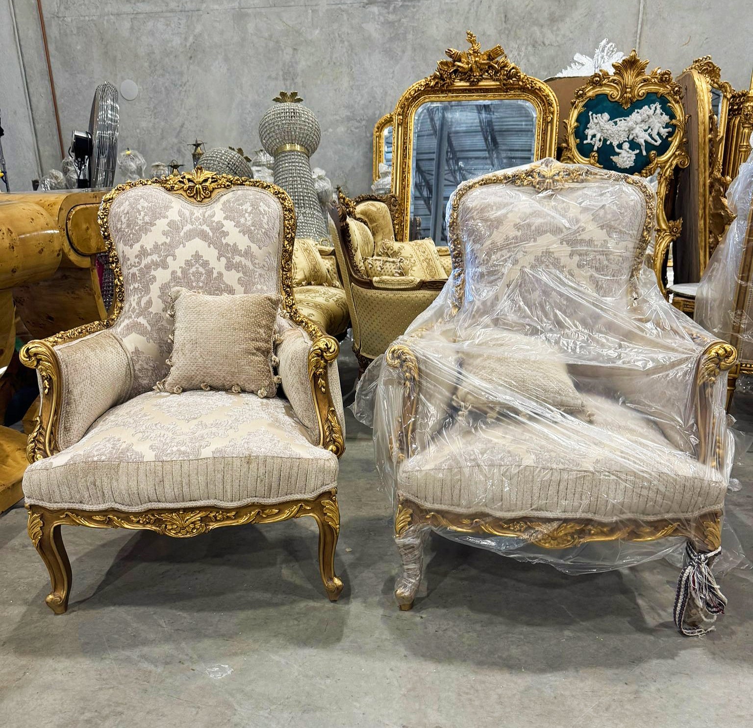 French Bergère Wingback Armchair Beige White Gold Leaf Rococo Louis XV Style