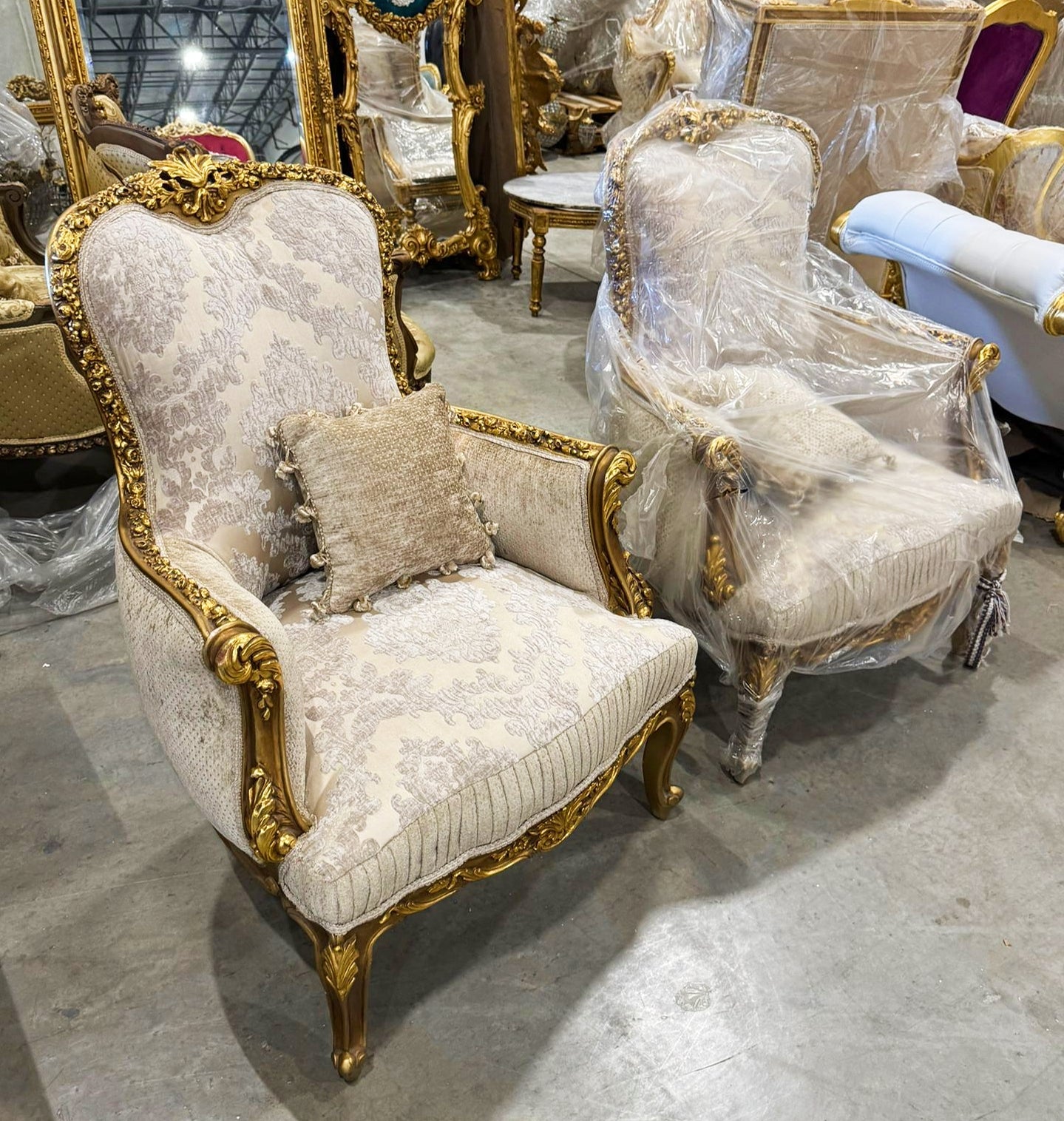 French Bergère Wingback Armchair Beige White Gold Leaf Rococo Louis XV Style