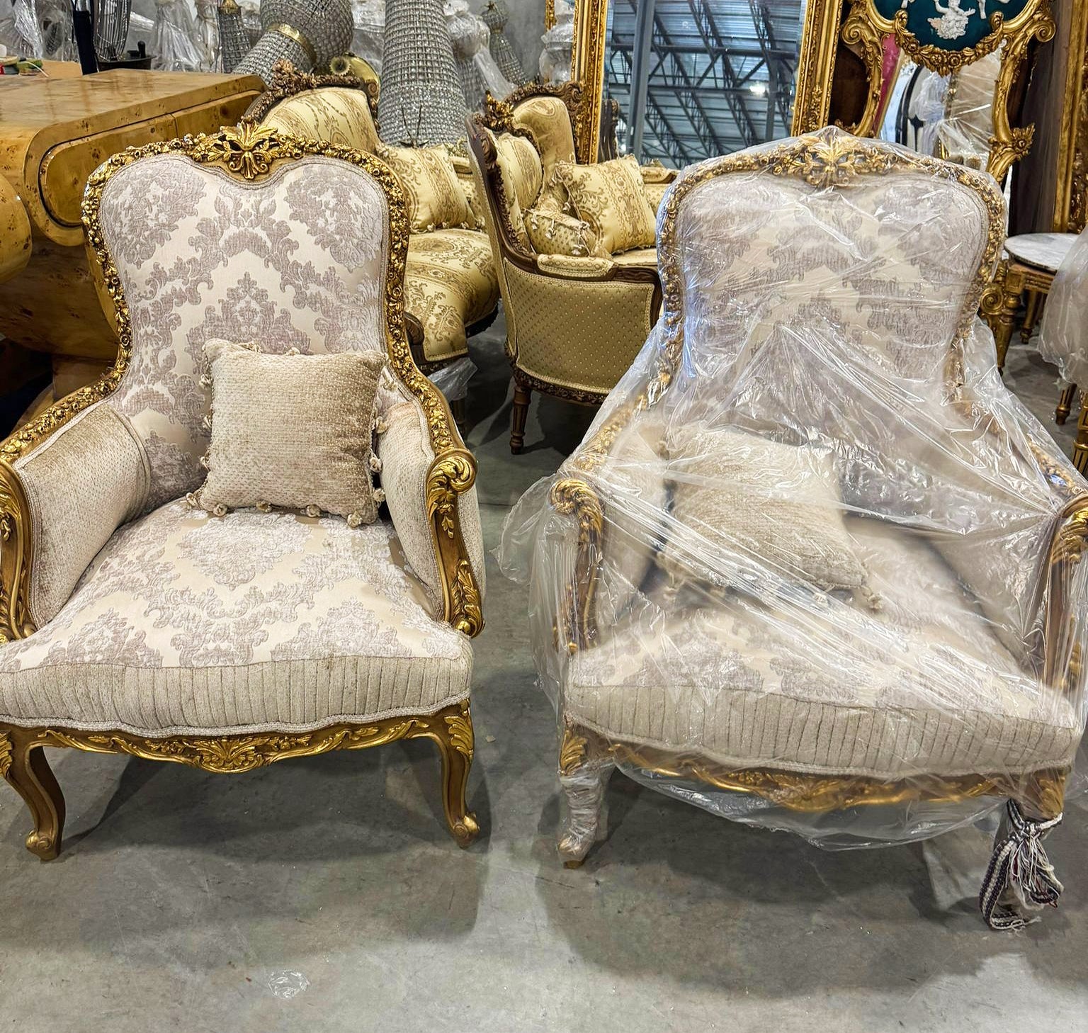 French Bergère Wingback Armchair Beige White Gold Leaf Rococo Louis XV Style