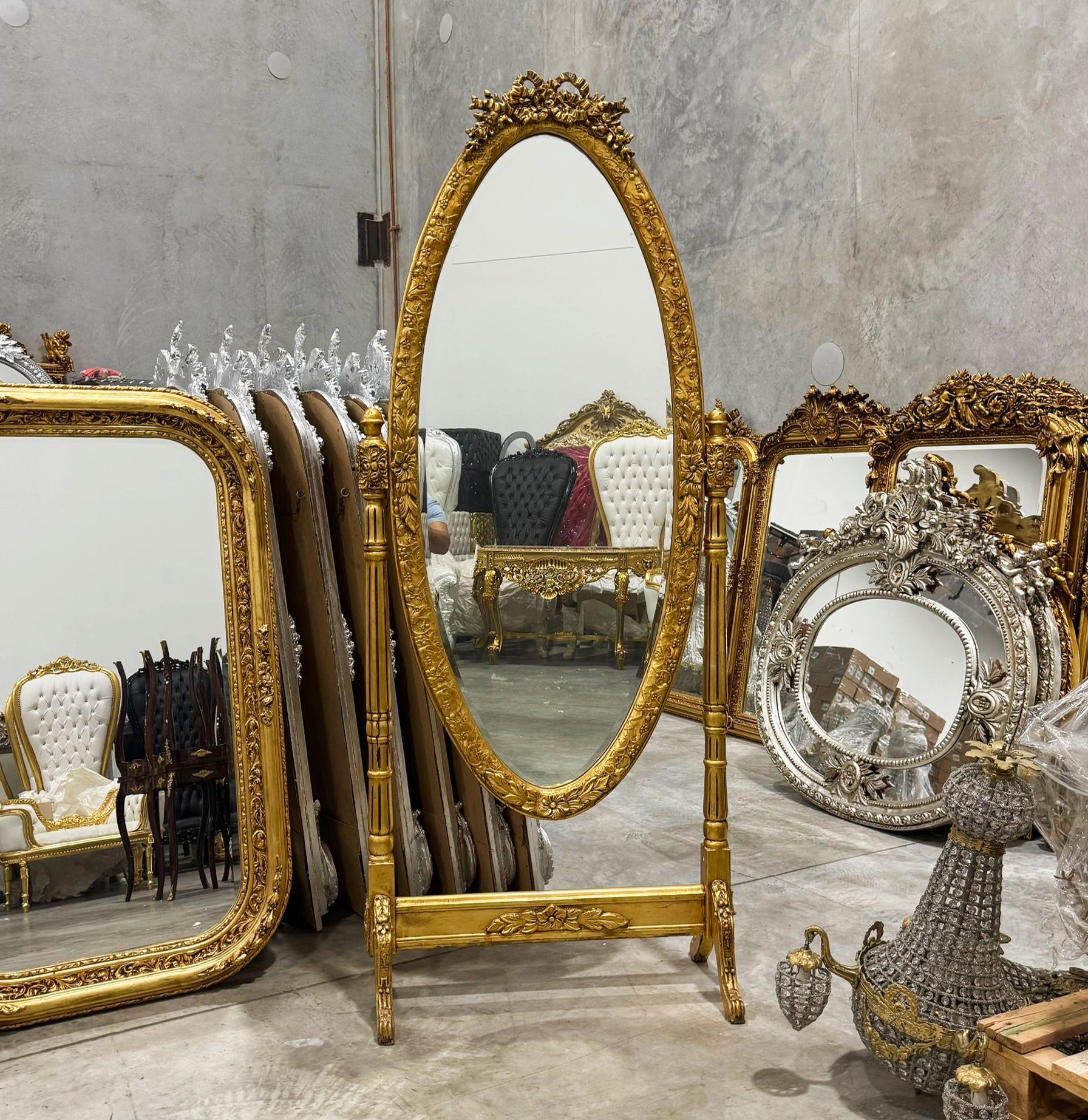Golden Oval Mirror Floor Mirror French-Italian Style in Gold Leaf