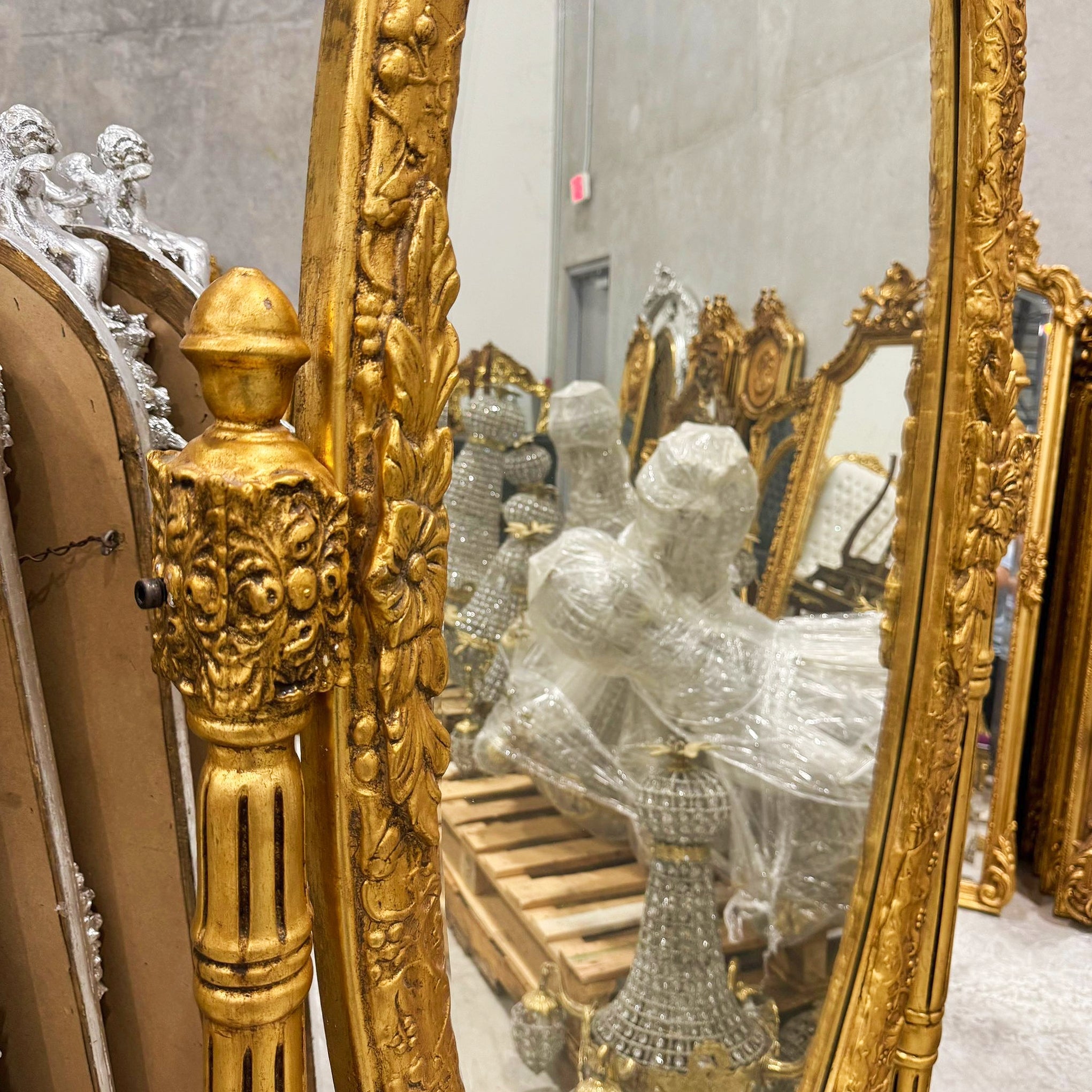 Golden Oval Mirror Floor Mirror French-Italian Style in Gold Leaf