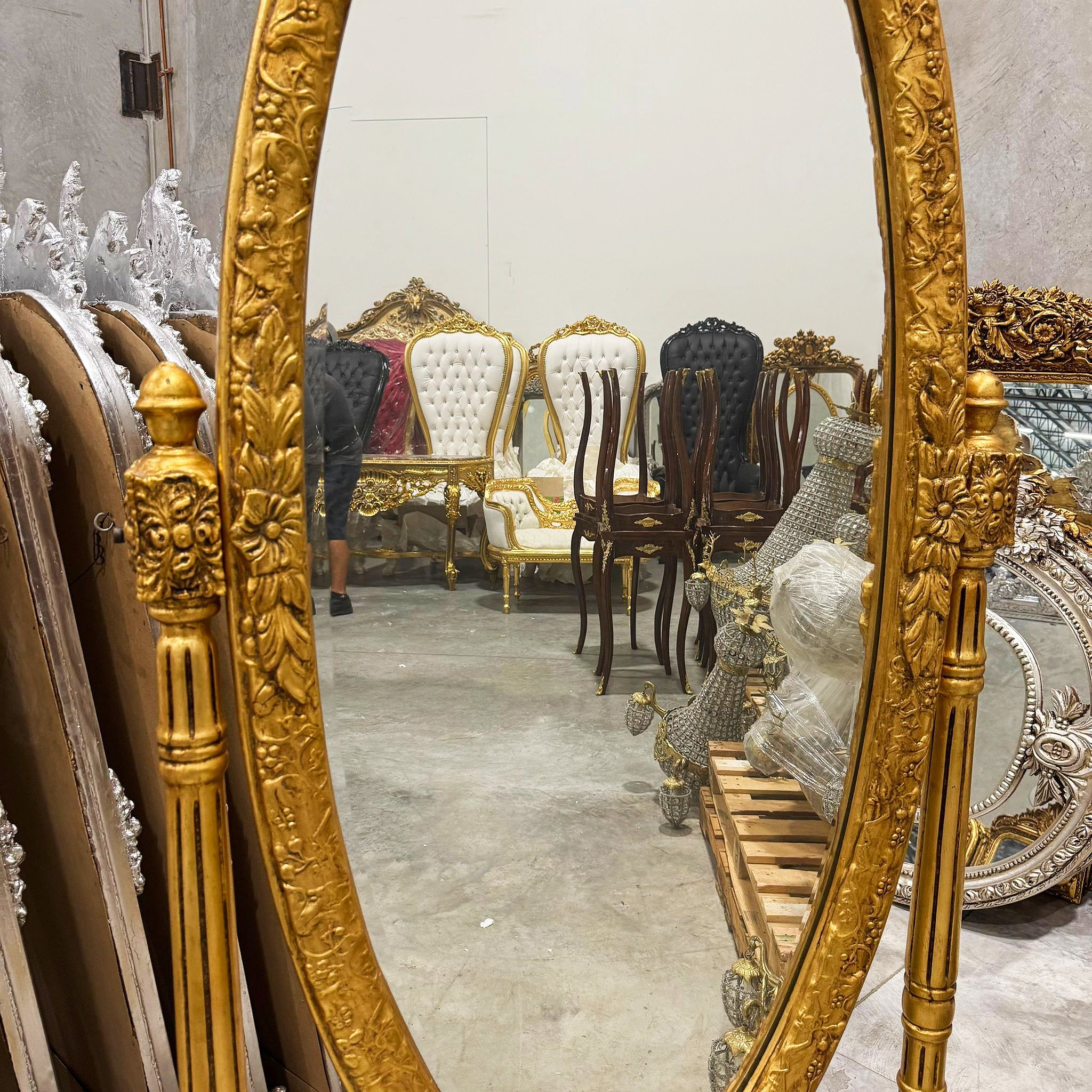 Golden Oval Mirror Floor Mirror French-Italian Style in Gold Leaf