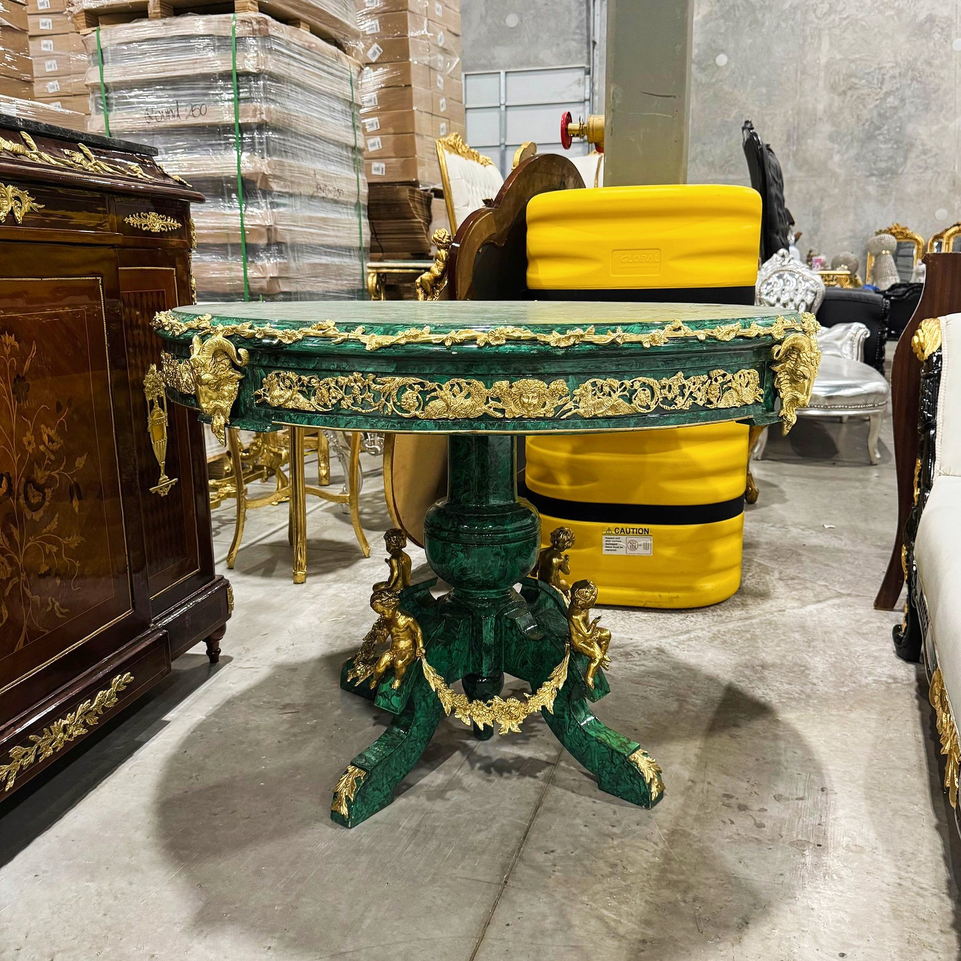 French Rococo Style Green Dining Table Round Pedestal Refinished with Bronze