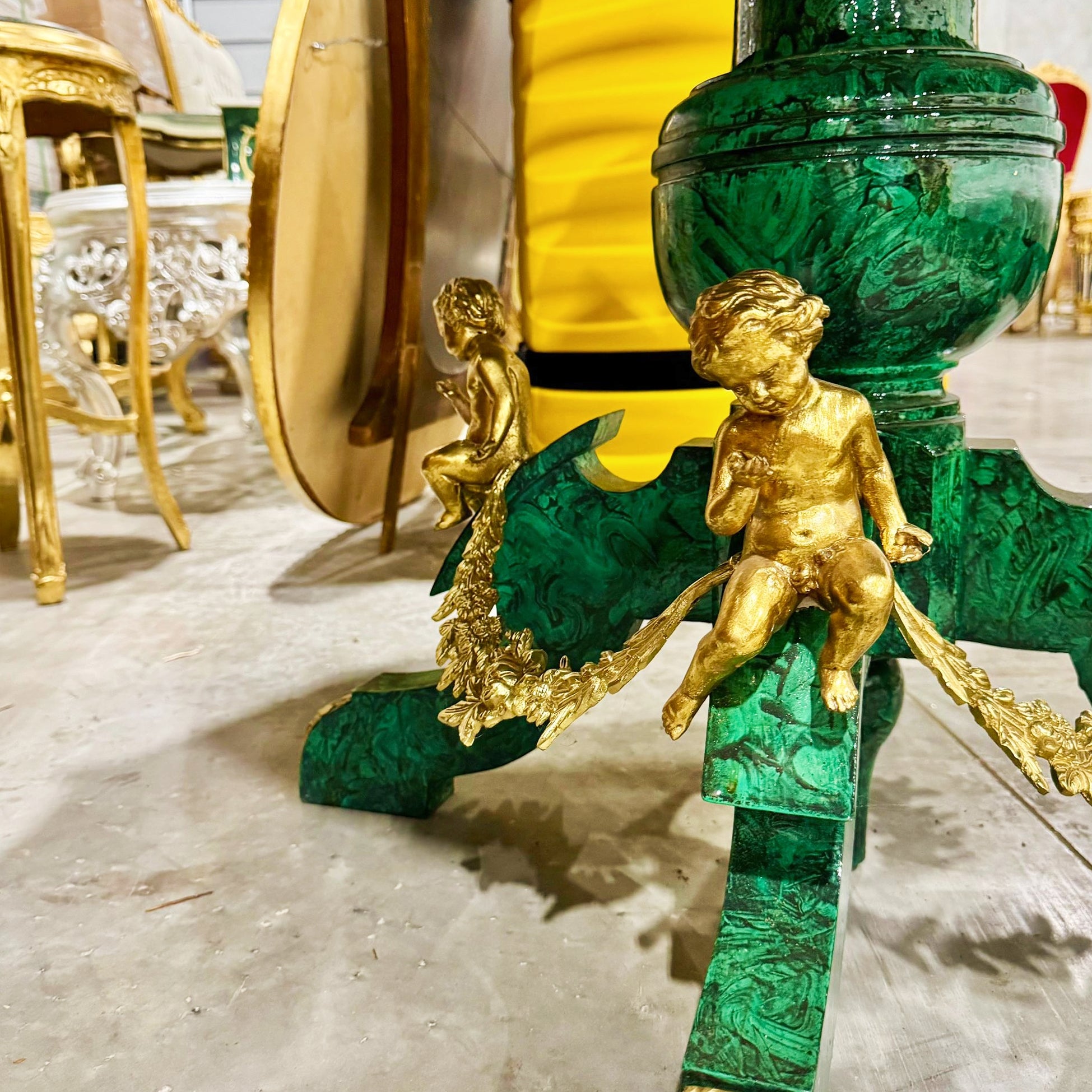 French Rococo Style Green Dining Table Round Pedestal Refinished with Bronze