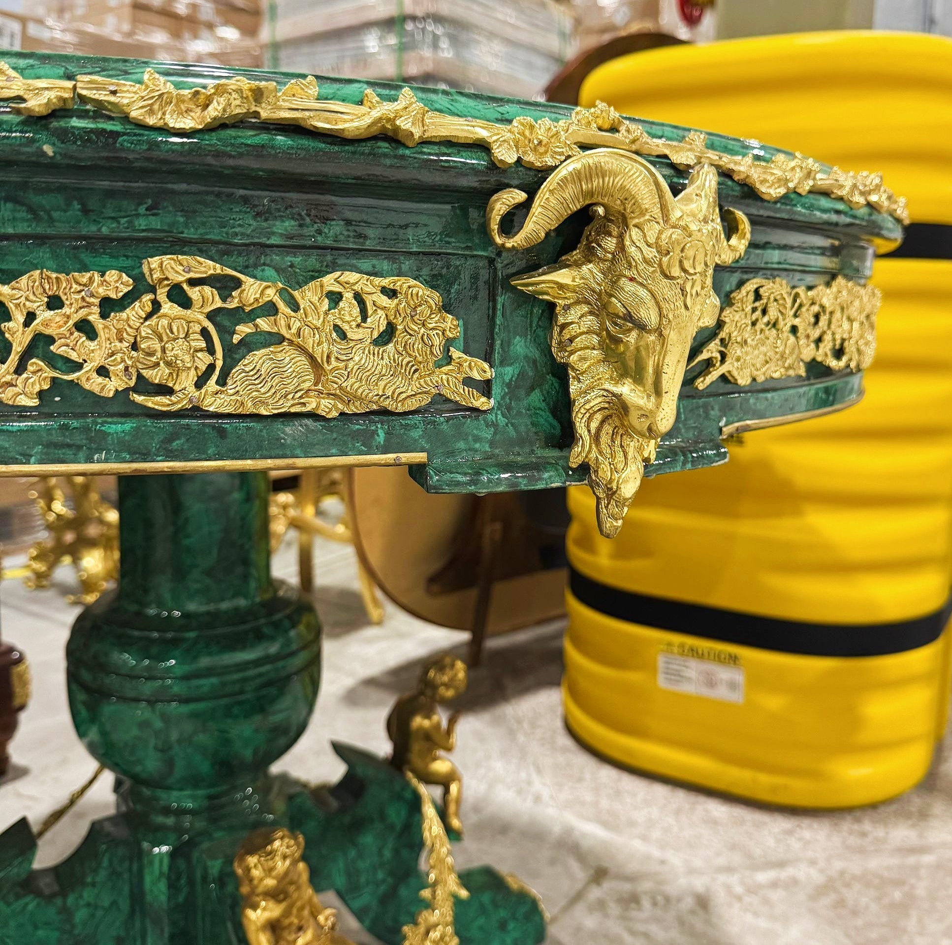 French Rococo Style Green Dining Table Round Pedestal Refinished with Bronze
