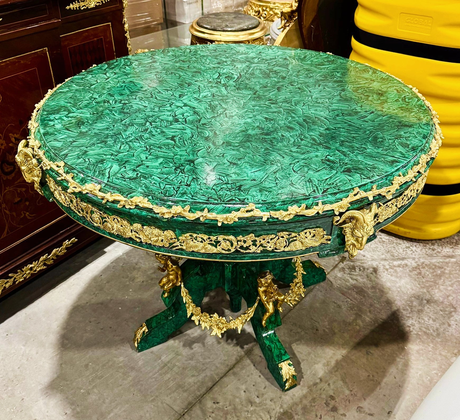 French Rococo Style Green Dining Table Round Pedestal Refinished with Bronze