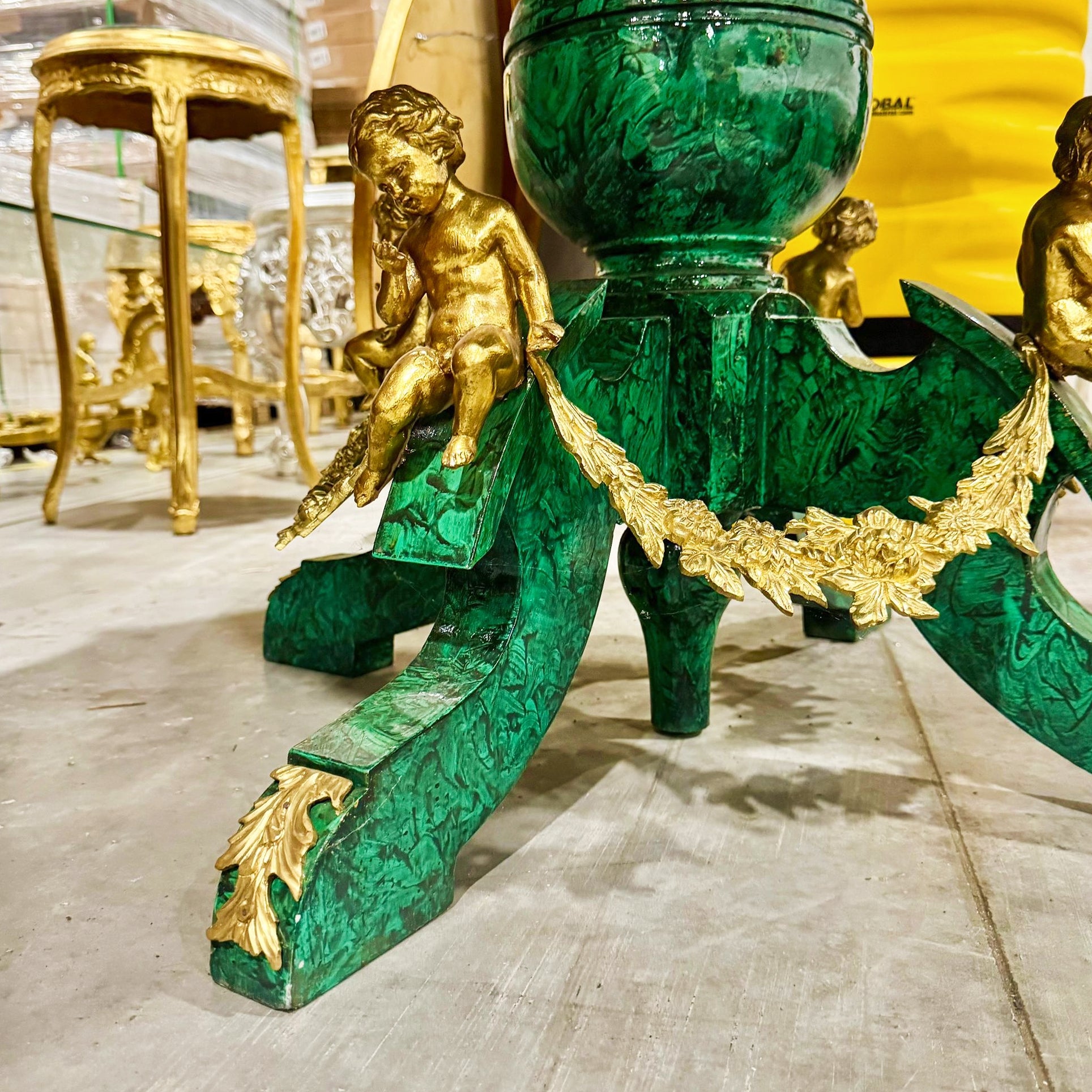 French Rococo Style Green Dining Table Round Pedestal Refinished with Bronze