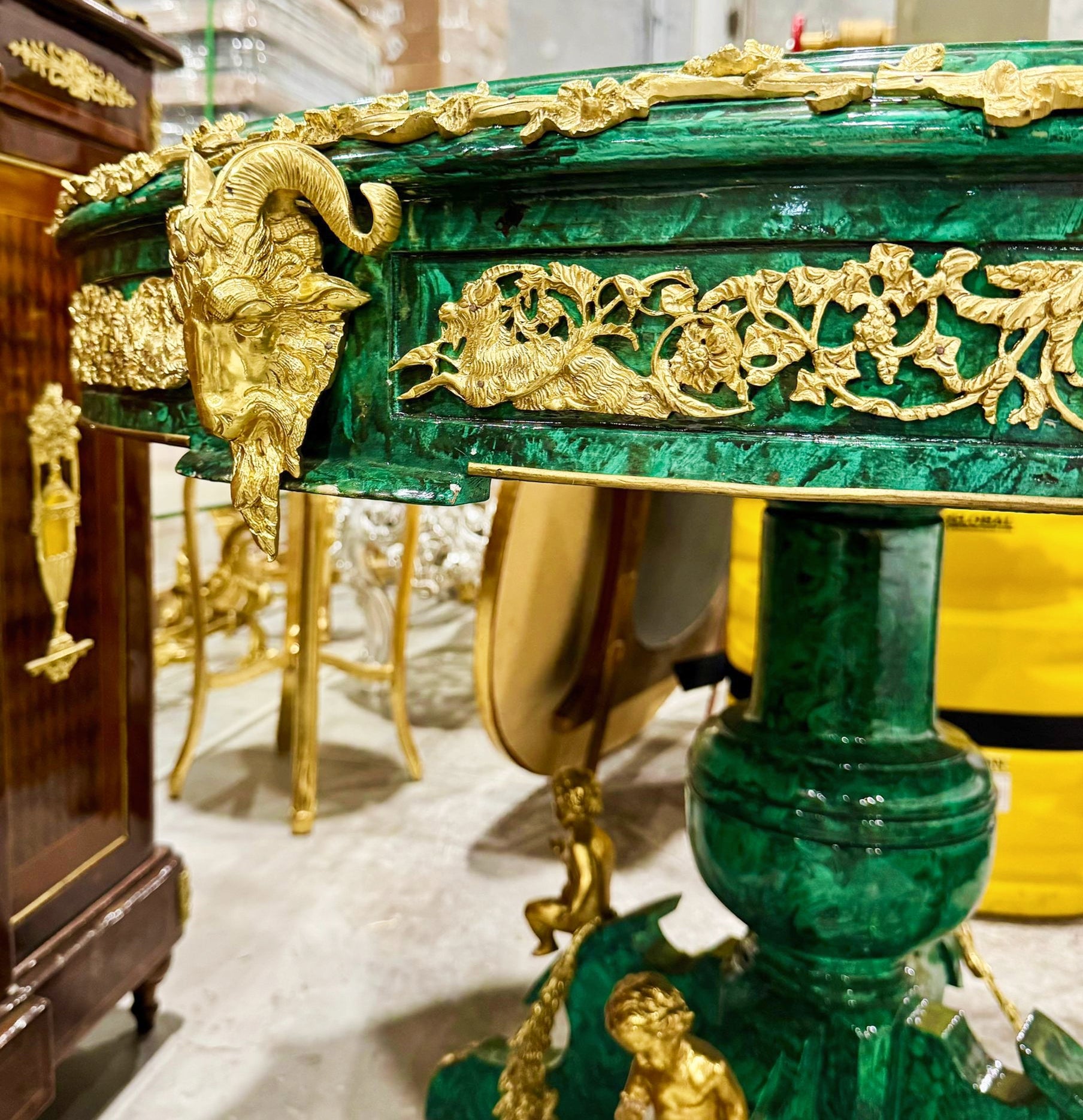 French Rococo Style Green Dining Table Round Pedestal Refinished with Bronze