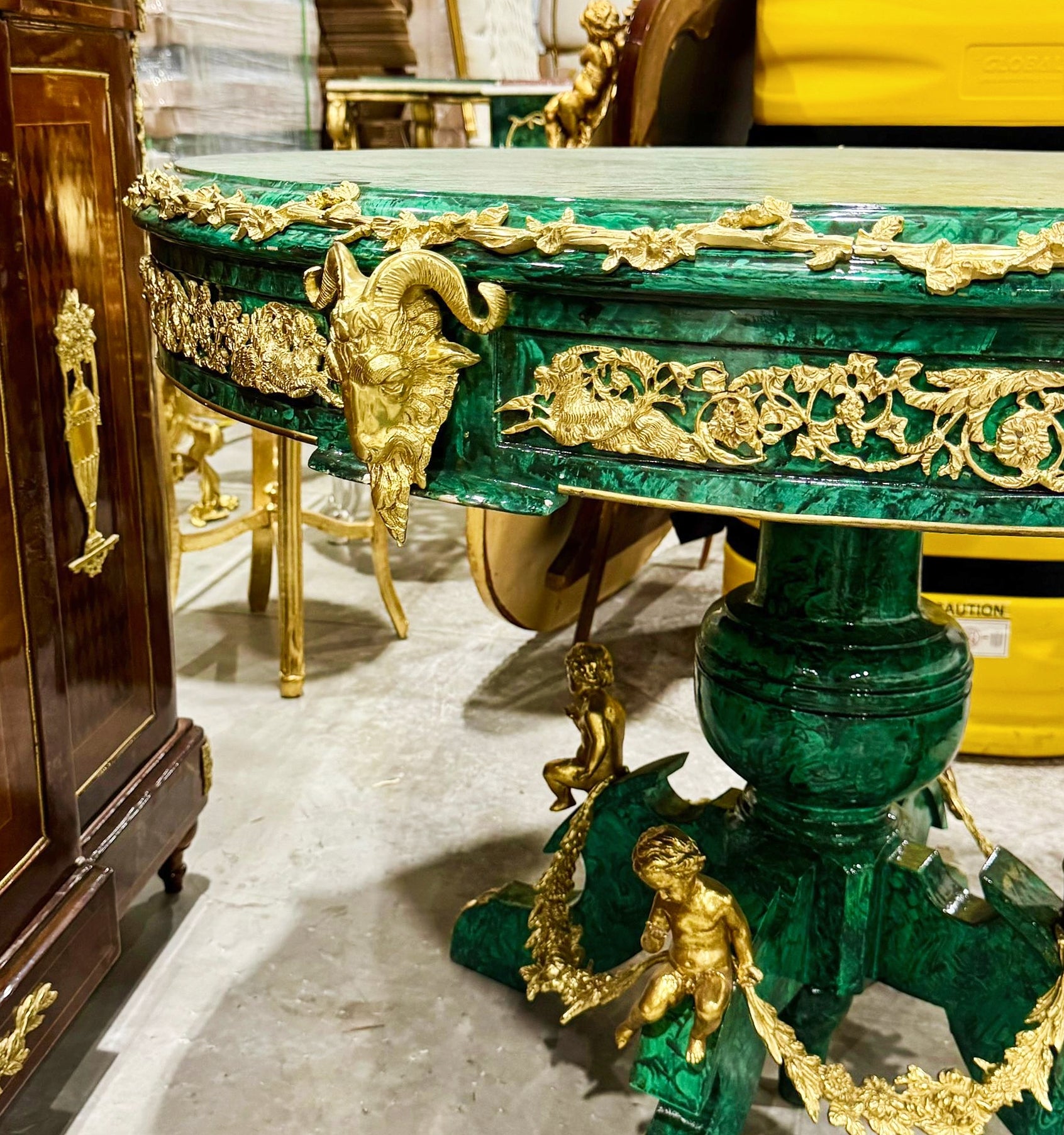 French Rococo Style Green Dining Table Round Pedestal Refinished with Bronze