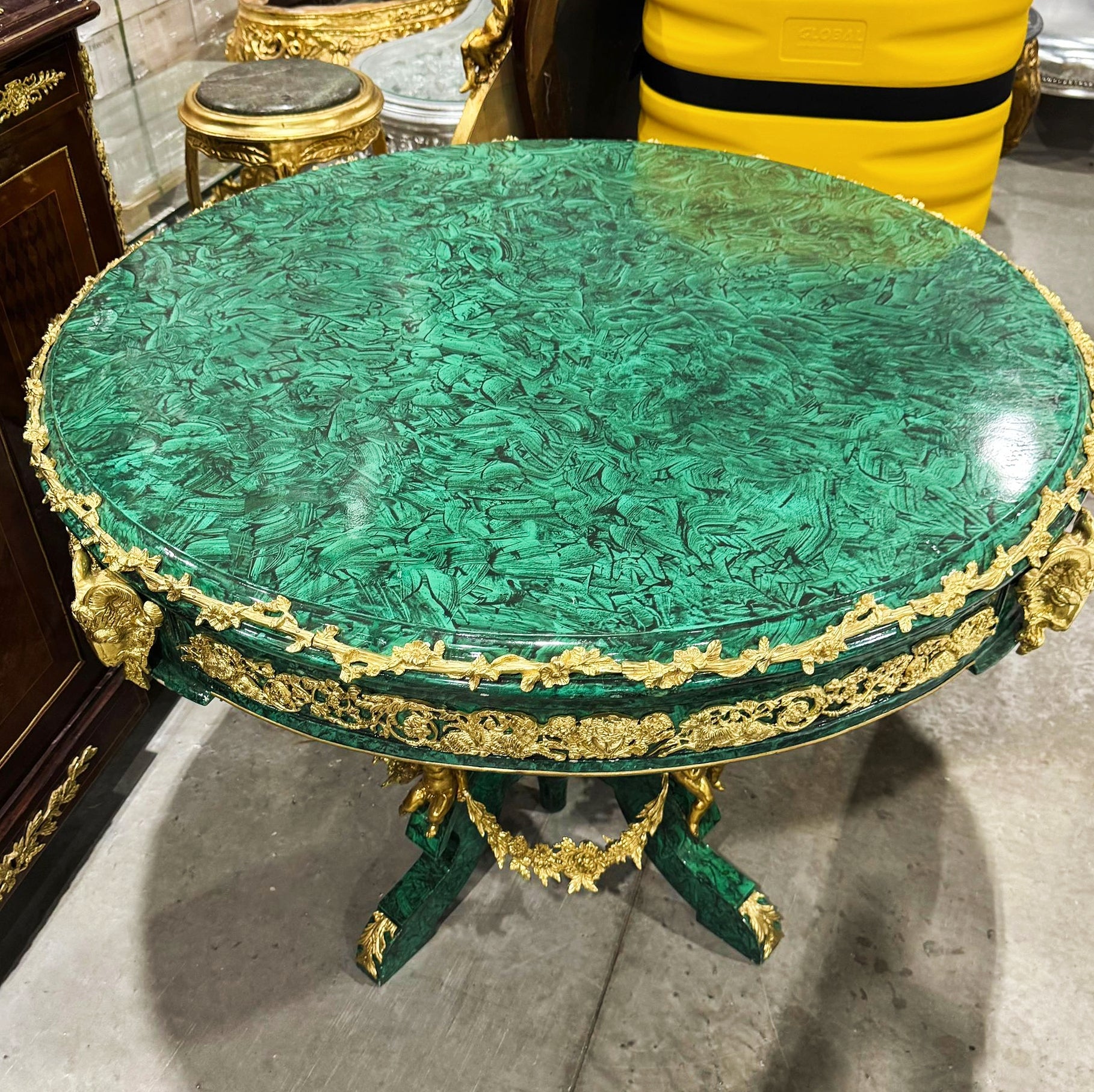 French Rococo Style Green Dining Table Round Pedestal Refinished with Bronze