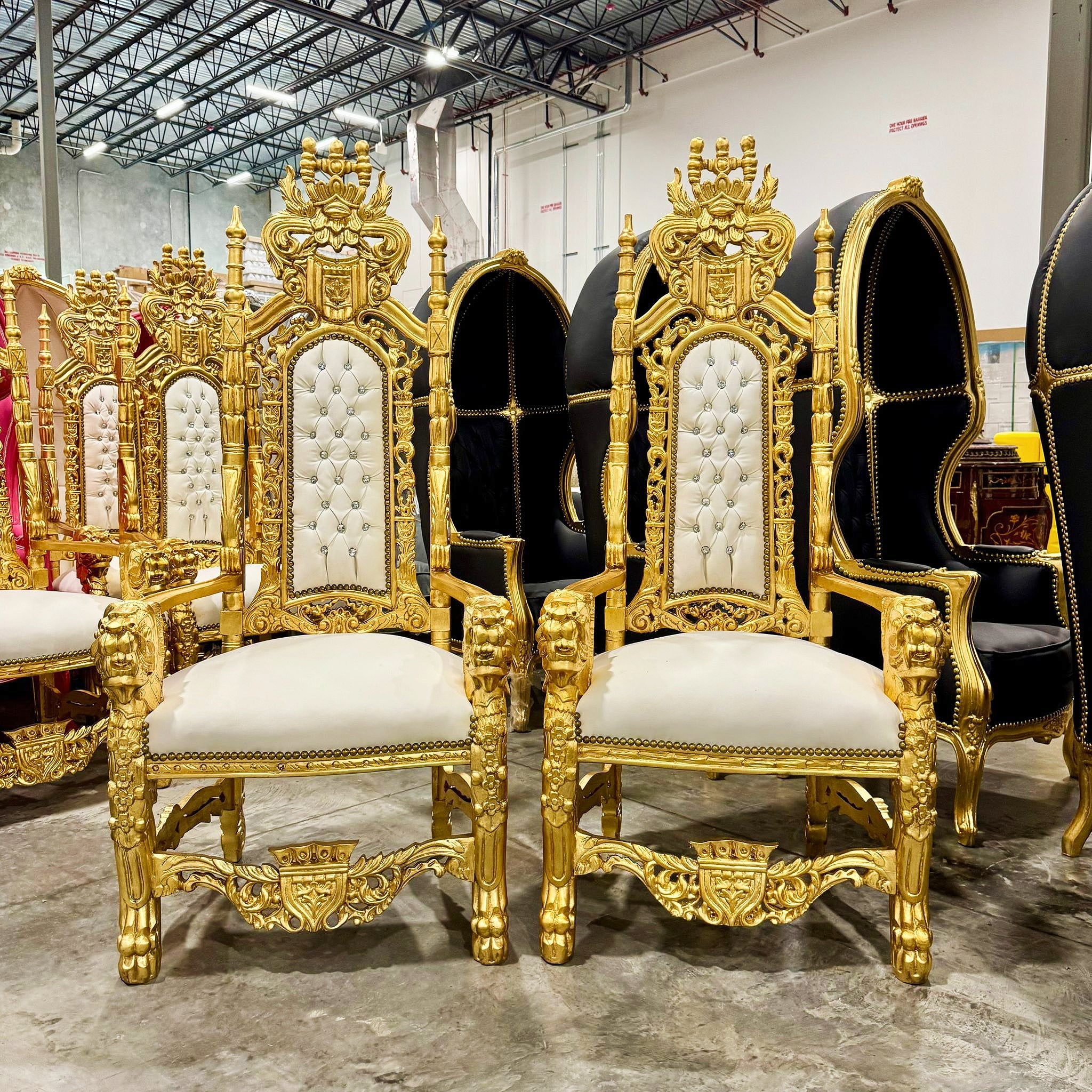 French Medieval Style King Throne Chair with White Leather and Gold Leaf Details