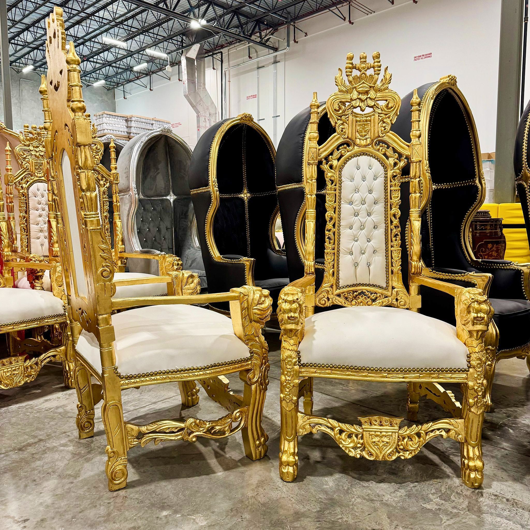 French Medieval Style King Throne Chair with White Leather and Gold Leaf Details