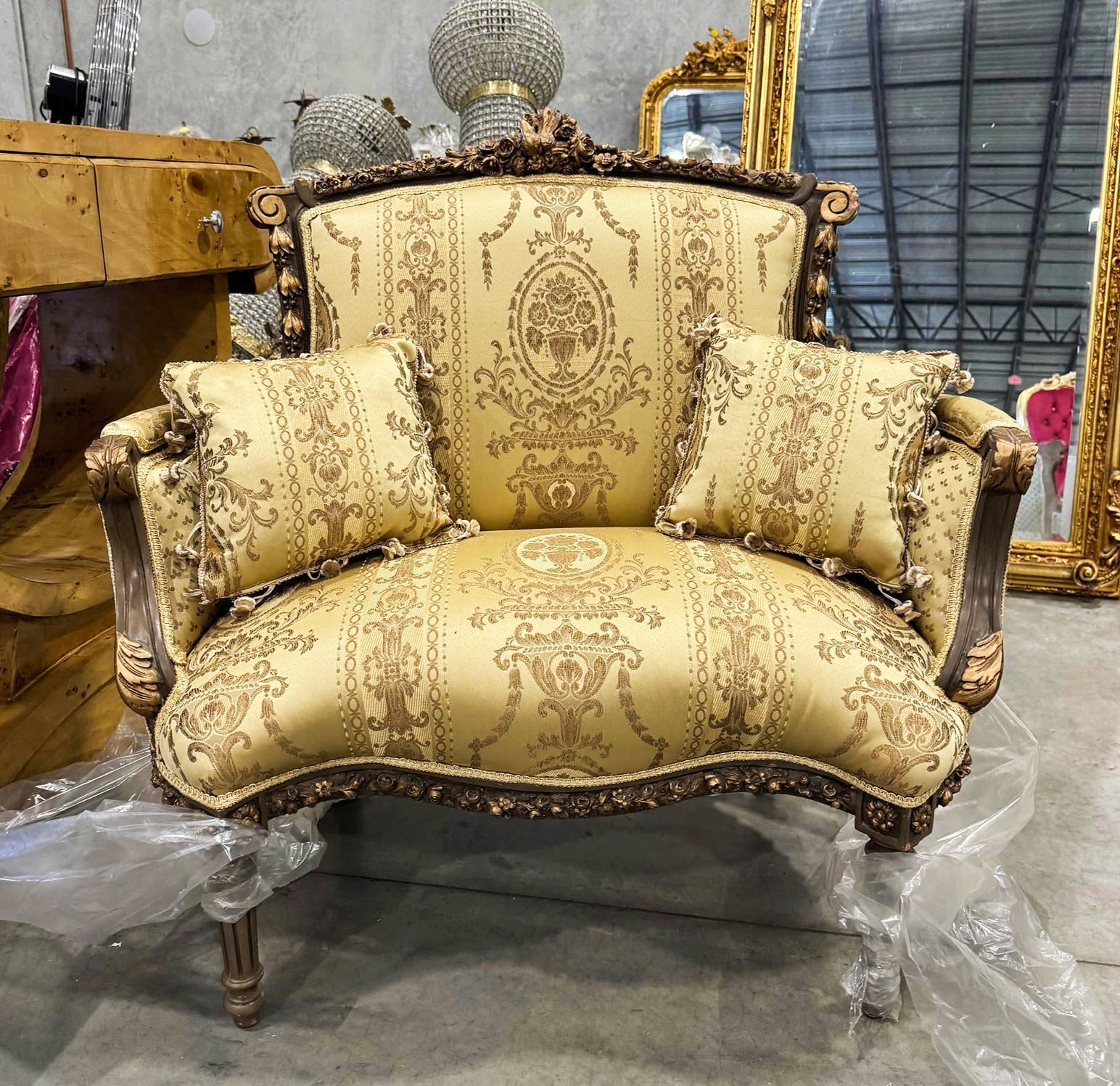 Golden Bergere Chair Rococo Style with Gold Details Damask Fabric