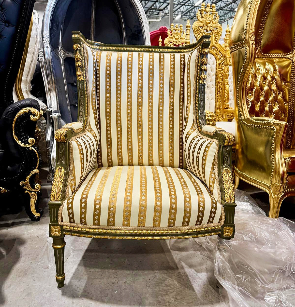 French Louis XV Style Gold Bergere Wing Chair with Gold Details