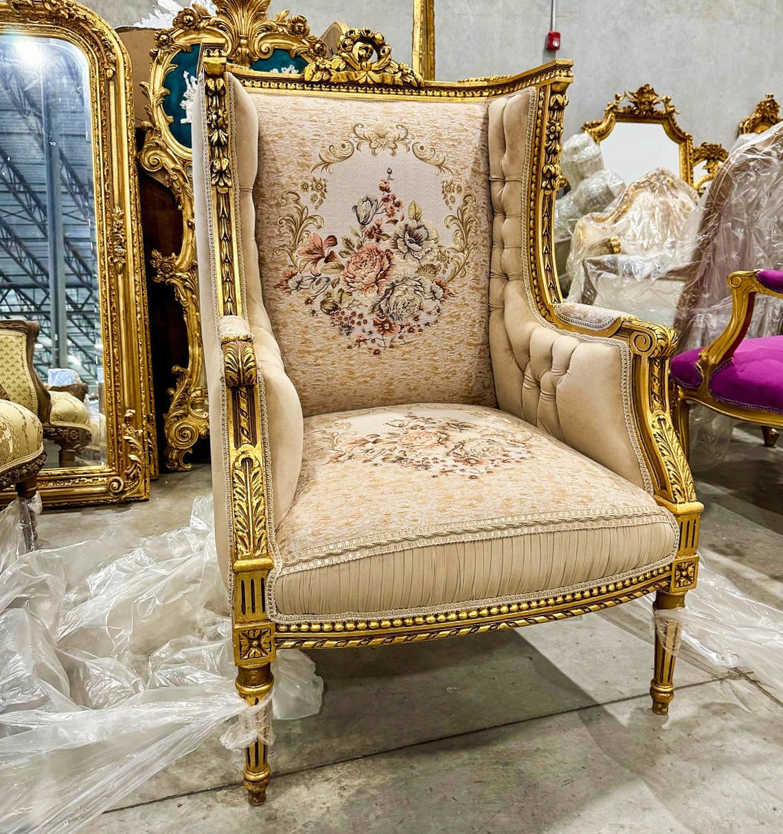 French Rococo Style Gold Beige Bergere Wing Chair with Gold Details
