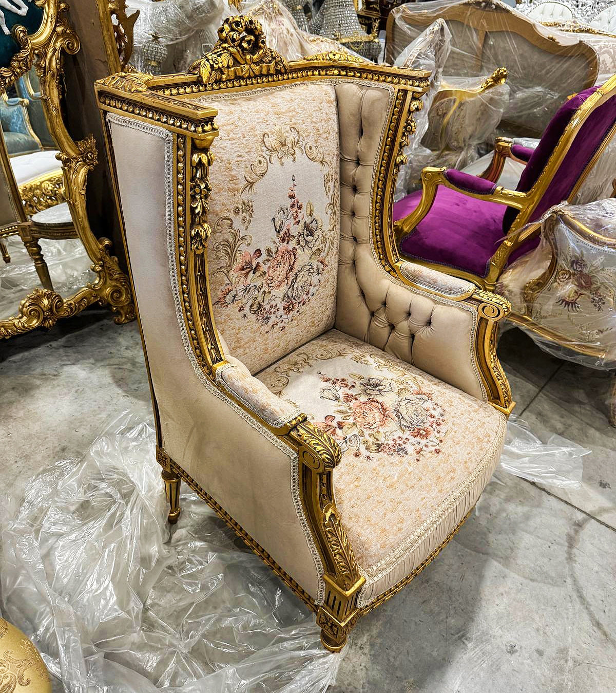 French Rococo Style Gold Beige Bergere Wing Chair with Gold Details