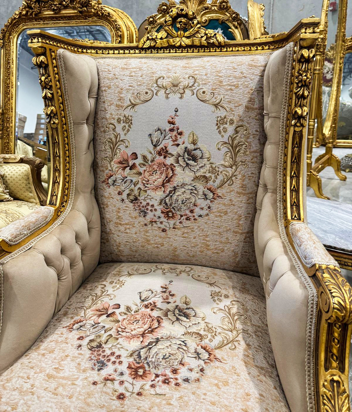 French Rococo Style Gold Beige Bergere Wing Chair with Gold Details