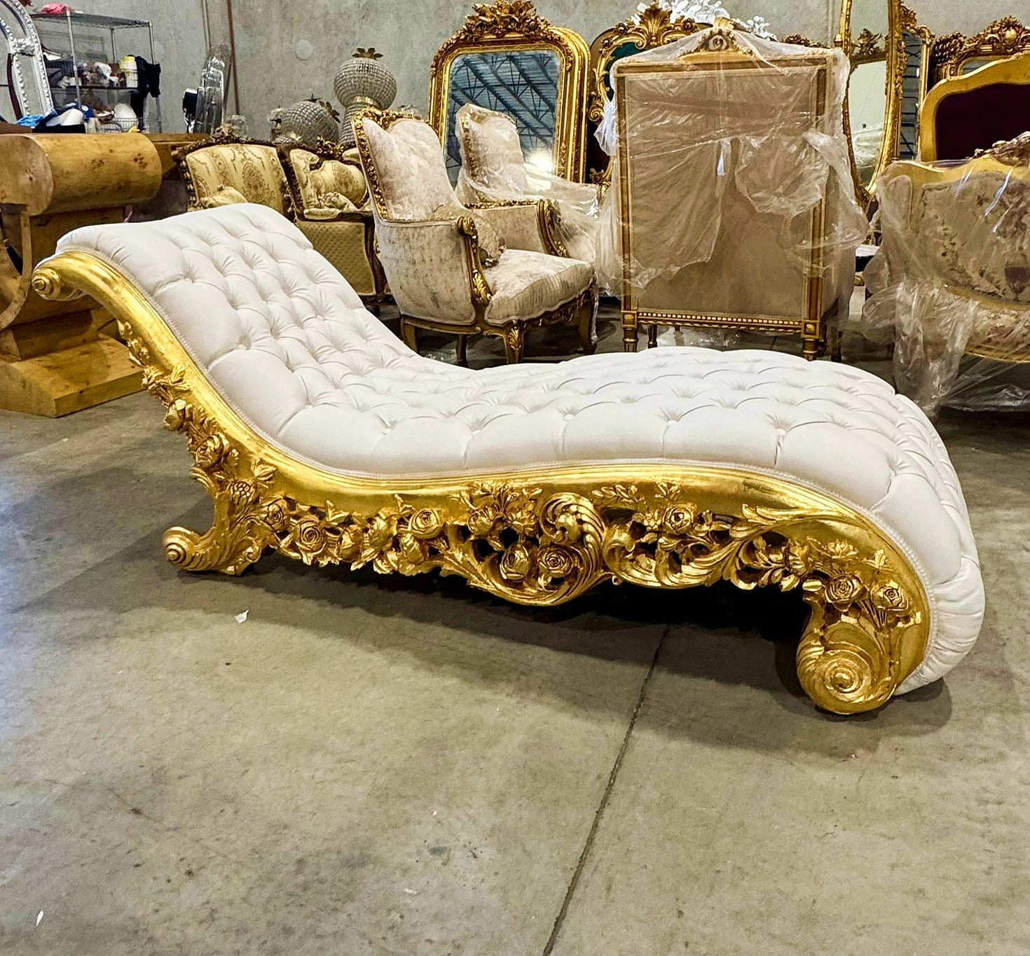 Chaise Lounge Leather White Furniture Rococo Style Gold Details